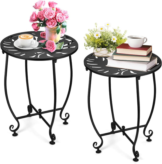 2 Pack Outdoor Side Tables for Patio, Weather Resistant Steel Patio Side Table, Small Round Outdoor End Table Metal Side Table for Patio Yard Balcony Garden Black (Turtle Leafl)