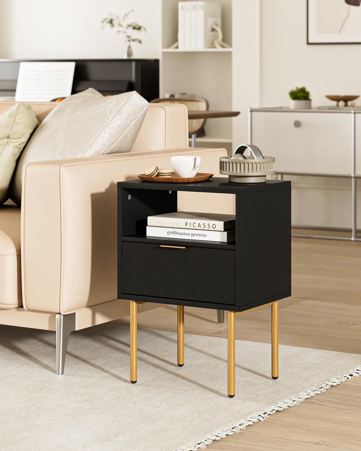 Nightstand,Morden Bedside Table with Gold Frame,Small Black Night Stand,End Table,Bedside Furniture,Side Table with Drawer and Shelf for Bedroom,Living Room (1Drawer, Black)