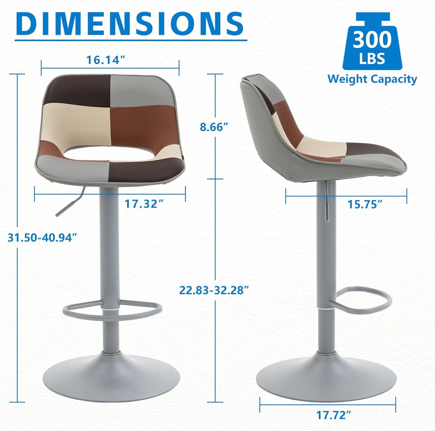 YOUNIKE Bar Stools Set of 2, Boho Colorful Patchwork Faux Leather Barstools, Adjustable Swivel Counter Height Bar Stool Upholstered Counter Stools with Hollow Back for Kitchen Island, GreyBeige