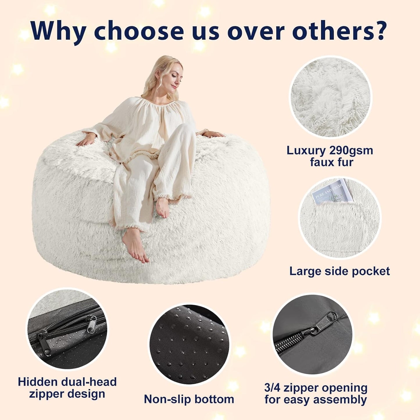 7FT Oversized Bean Bag Covers Only, Fluffy Stuffed Beanbag Chair Covers No Filler, Washable Bean Bags Cover for Adults, Stuffed Animal Bean Bag Anti-Slip, White