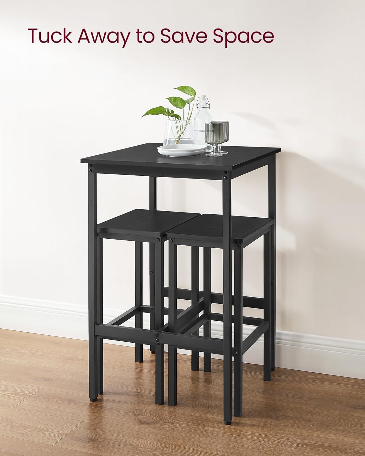 VASAGLE Bar Table and Chairs Set, Square Table with 2 Stools, Dining Pub Set for 2, Space Saving for Kitchen Breakfast, Living Room, Party Room, Ebony Black and Ink Black