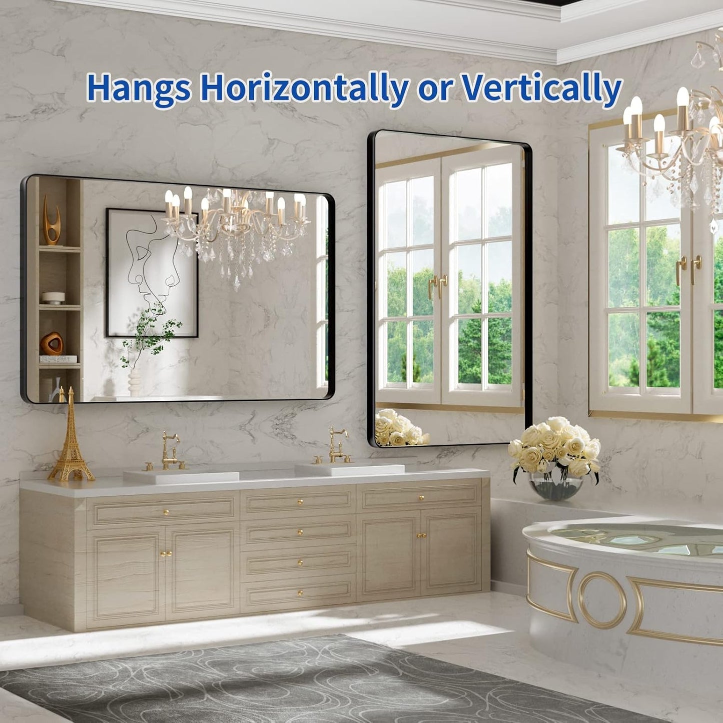 WEER Black Bathroom Mirror, 48X30 Inch Rectangular Matte Black Metal Framed for Wall, Farmhouse Black Vanity Mirror with Tempered Glass, Rounded Corner, Anti-Rust, Hangs Horizontal or Vertical