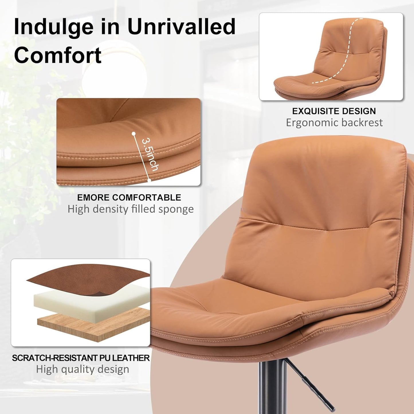 CozyRain Bar Stools Adjustable Stainless Steel Swivel Barstool with Back and Footrest,Modern Faux Leather Upholstered Bar Chairs for Home Kitchen,Bar, Counter Black/Light Brown (Light Brown)