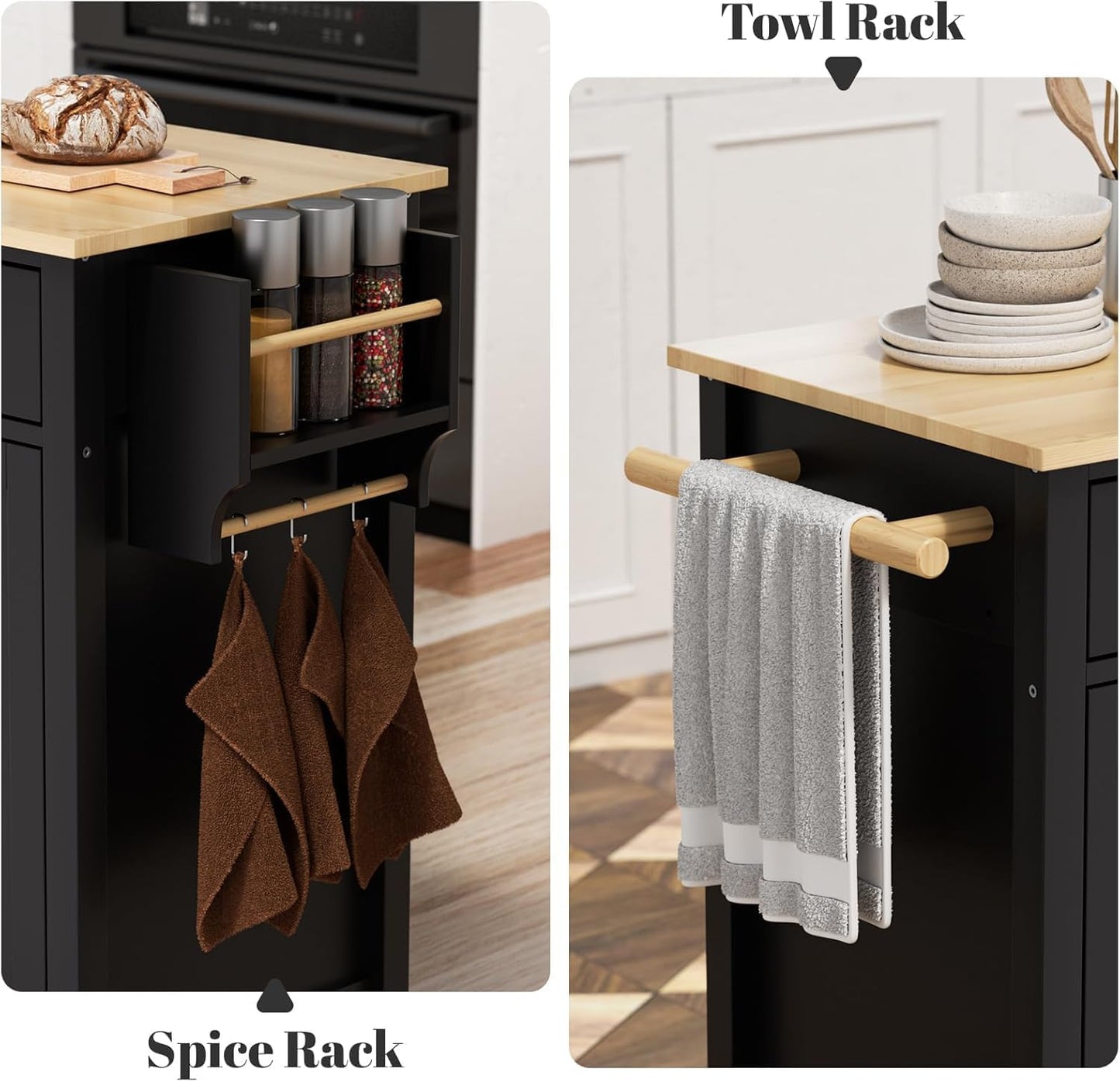 Rovibek Large Wood Island Table with Storage, 54 in Width, Portable Moveable Kitchen Island on Wheels, Black with Drawers Cabinet Spice Rack Towel Rack