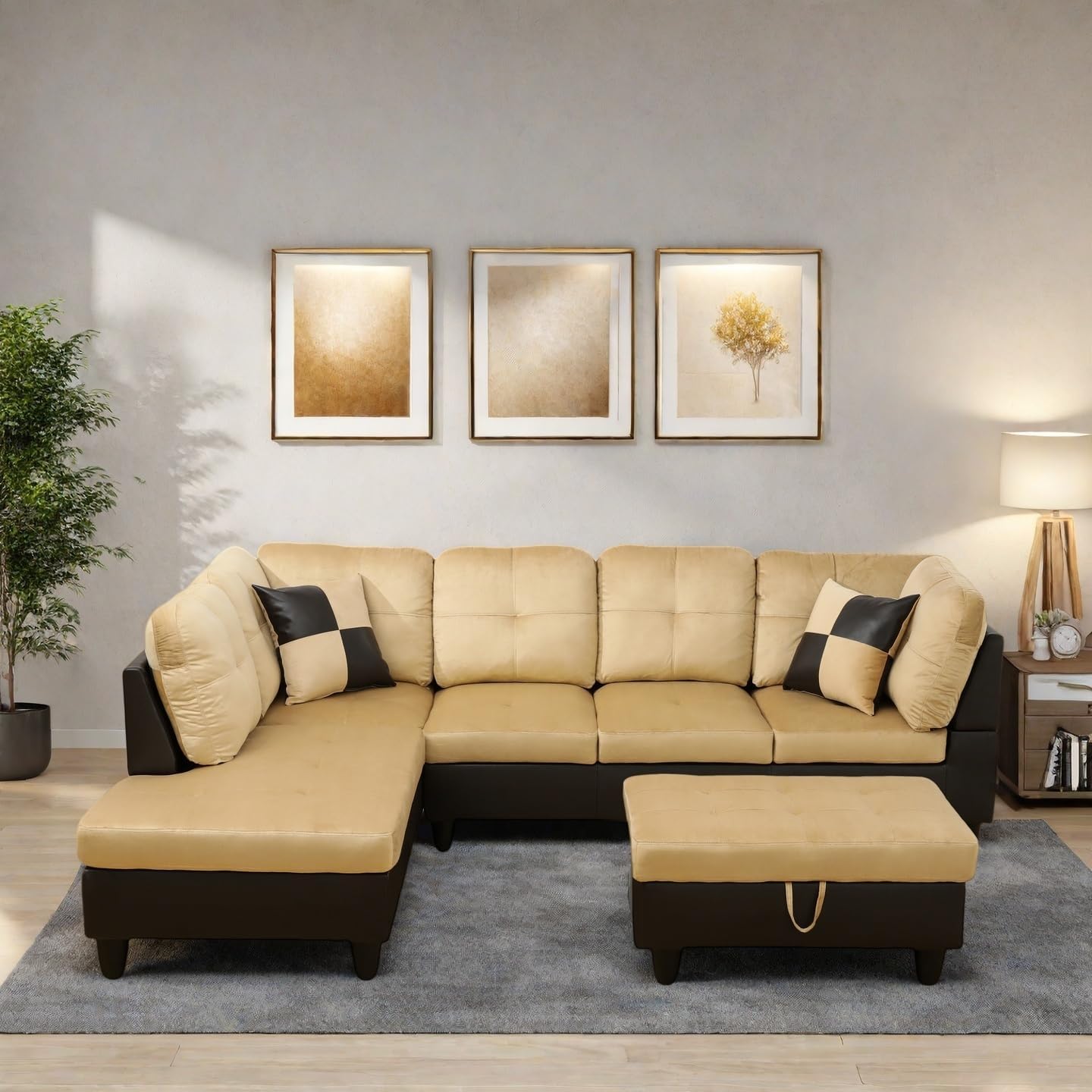 Modern Living Room Furniture Sets with Pillows, Modular Sectional Couches with Chaise Lounge, 4-Seaters L Shape Sofa with Storage Ottoman, for Living Room, Beige and Brown