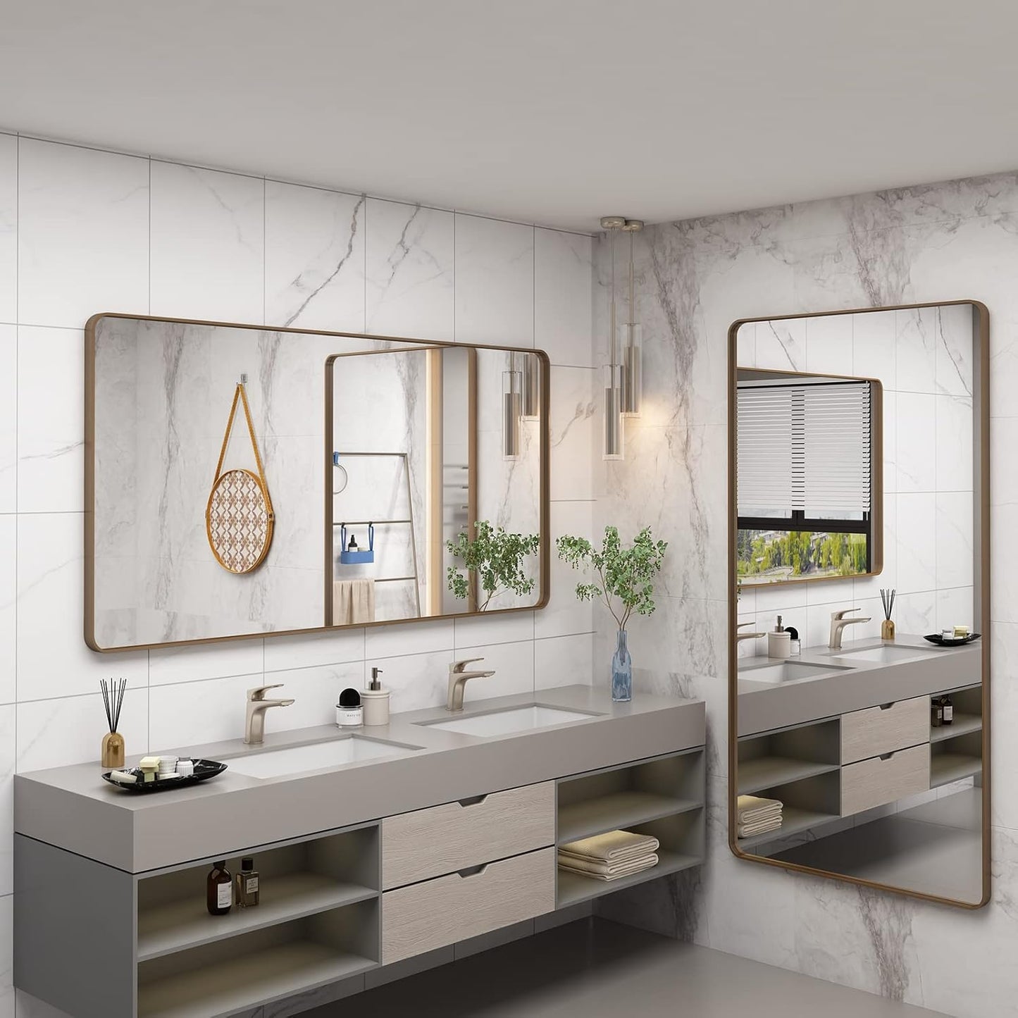 72x36 Inch Gold Bathroom Mirror for Wall, Large Brushed Gold Framed Mirror, Large Rectangle Vanity Mirror, Rounded Corner, Shatterproof, Anti-Rust (Horizontal/Vertical)