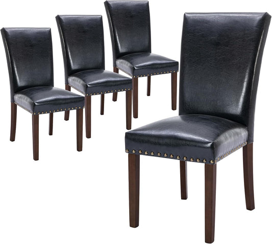 COLAMY Upholstered Parsons Dining Chairs Set of 4, PU Leather Dining Room Kitchen Side Chair with Nailhead Trim and Wood Legs - Black