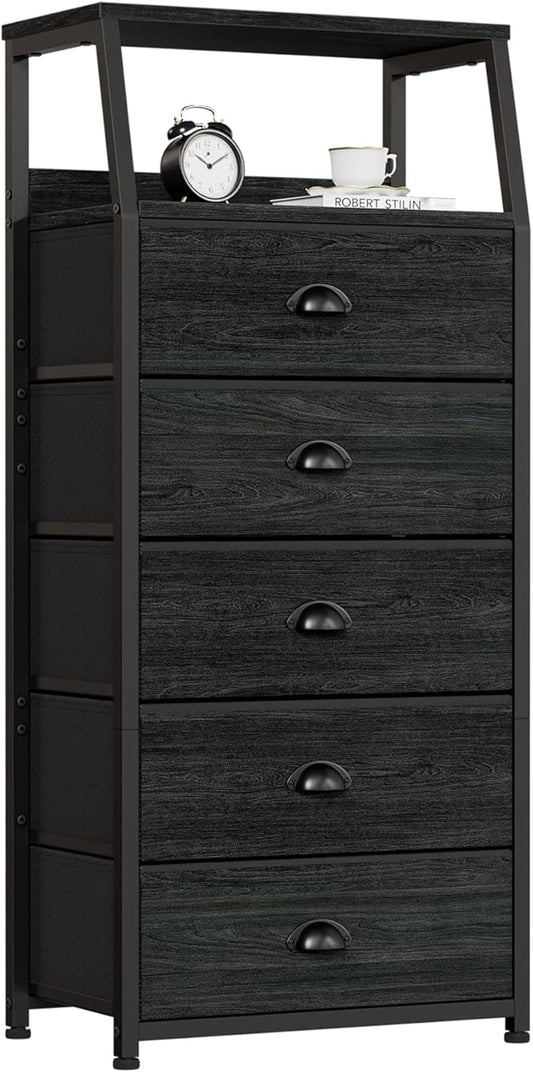 Furnulem Black Dresser with 5 Drawers, Vertical Storage Tower Fabric Dresser for Bedroom, Hallway, Entryway, Nursery, Closet Organizer, Nightstand Bedside Table Furniture, Sturdy Steel Frame, Wood Top