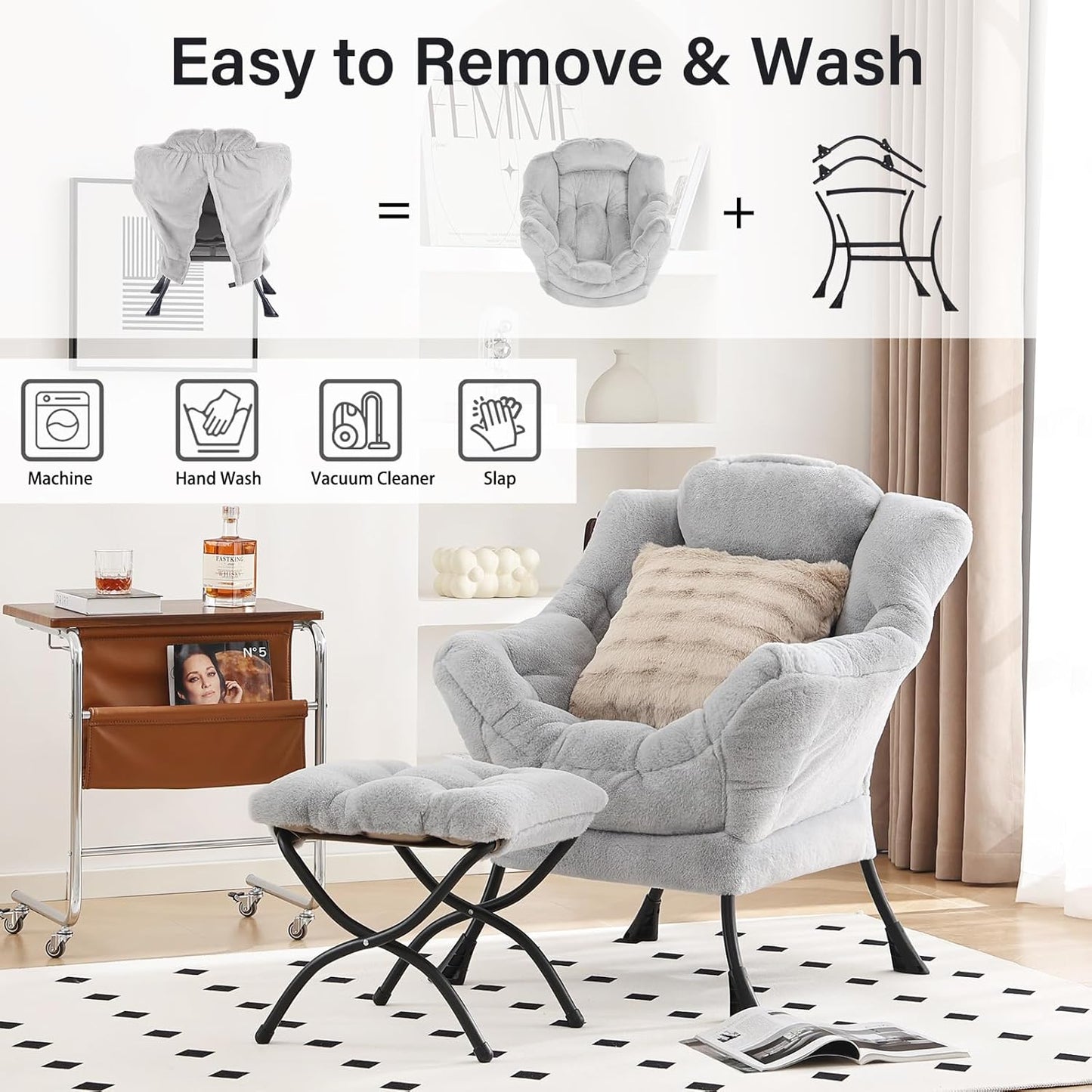 Lazy Chair with Ottoman, Modern Large Accent Lounge Chair with a Pillow, Leisure Sofa Armchair, Reading Chair with Footrest for Bedroom, Living Room,Plush Light Grey