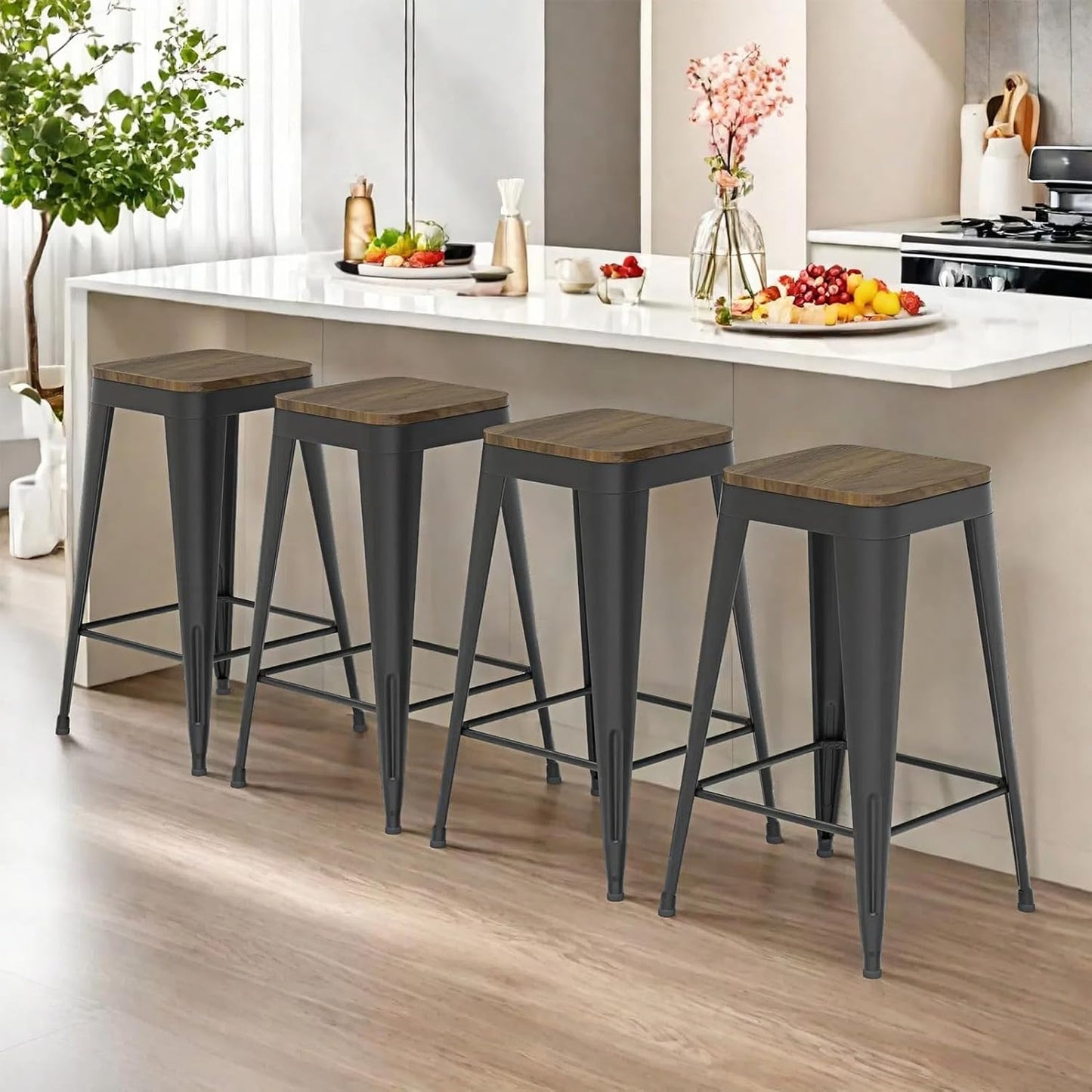 24 inch Backless Bar Stools Set of 4, Indoor Metal Bar Stools with Wood Seat, Industrial Counter Height Barstools for Kitchen Island, Black