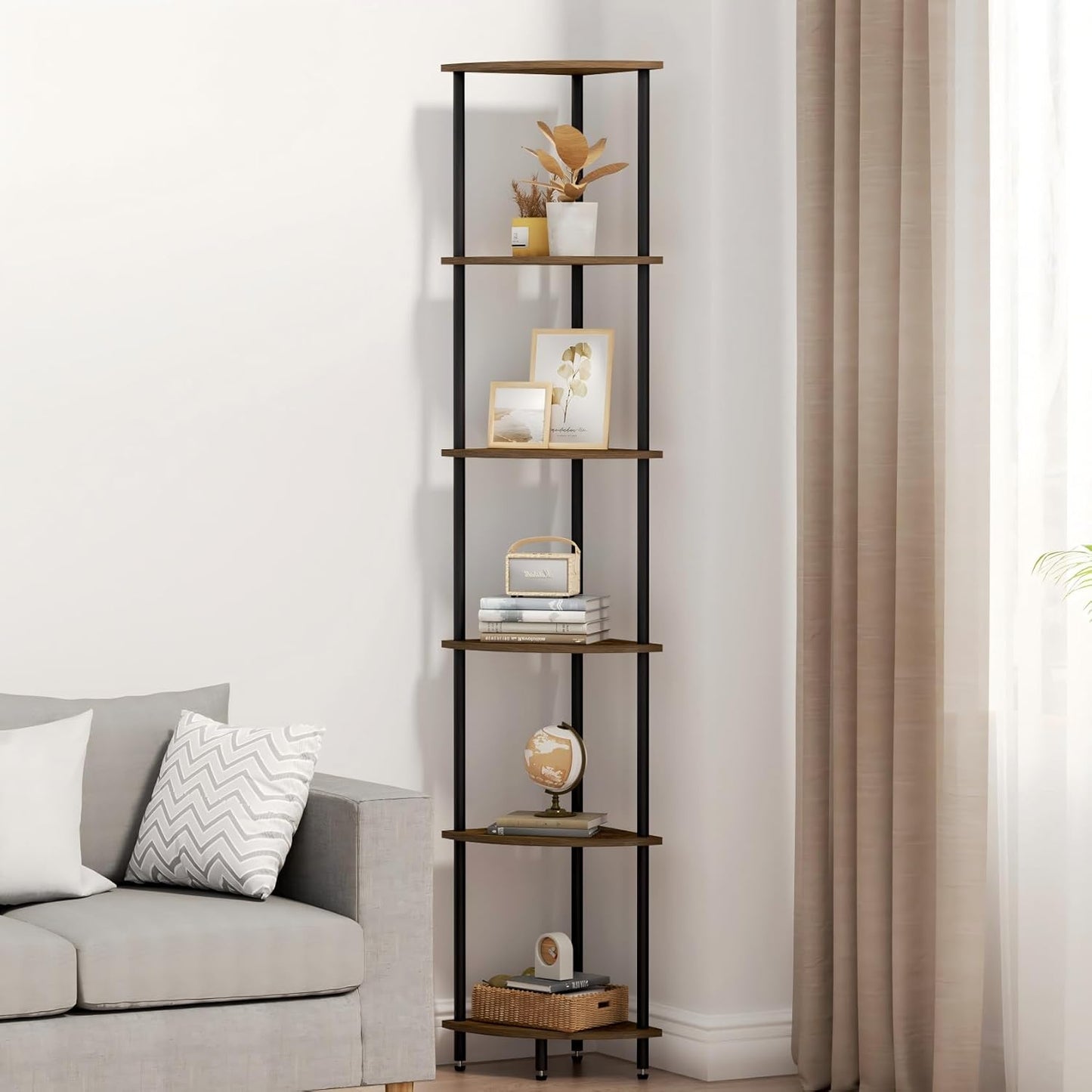 6 Tier Corner Shelf, Bookcase for Small Spaces, Corner Display Shelf, Plant Stand, Rustic Brown and Black,Suitable for Bedroom,Living Room,Kitchen