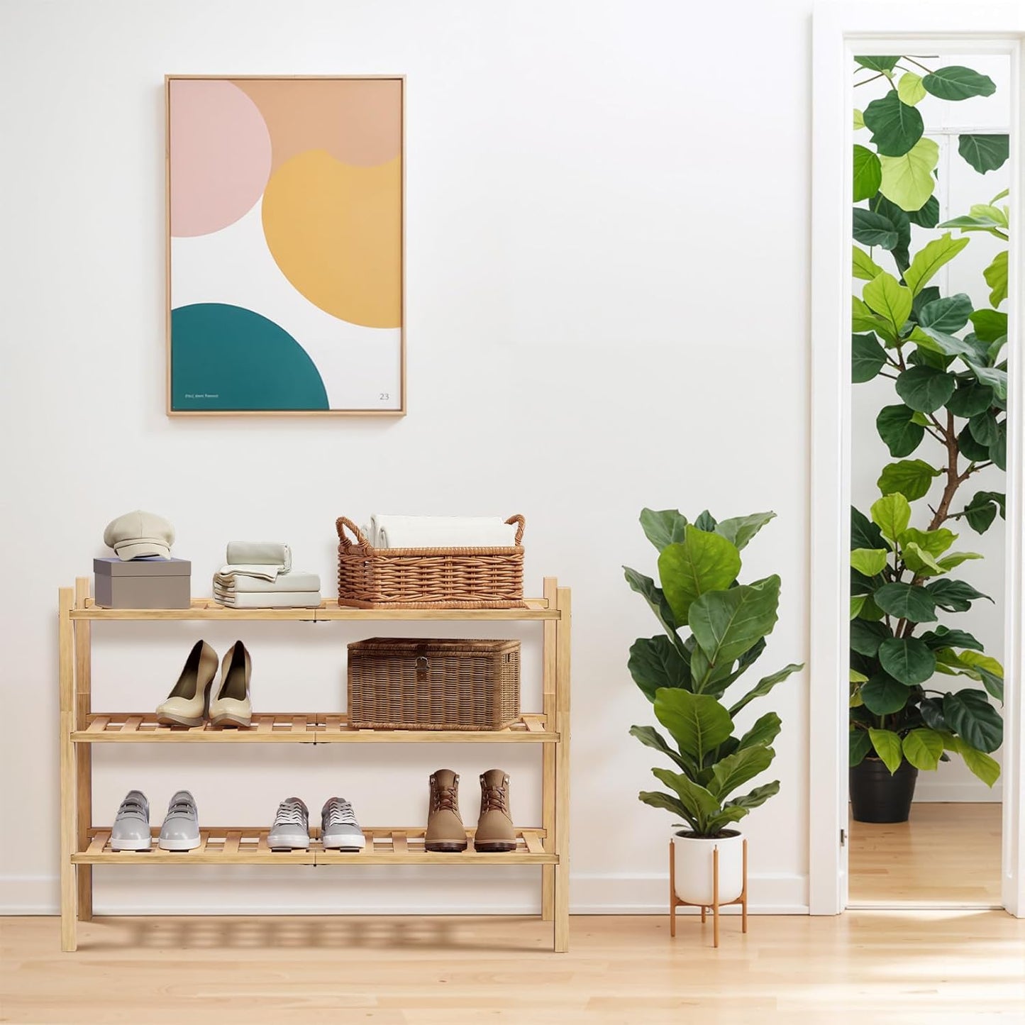 Haddockway 3 Tier Bamboo Shoe Rack Storage Organizer, Multifunctional Free Standing Stackable Shoe Shelf with Grid Panel for Closet,Hallway,Entryway,Small Space 27"x11"x20" (Natural, 3 Tier)