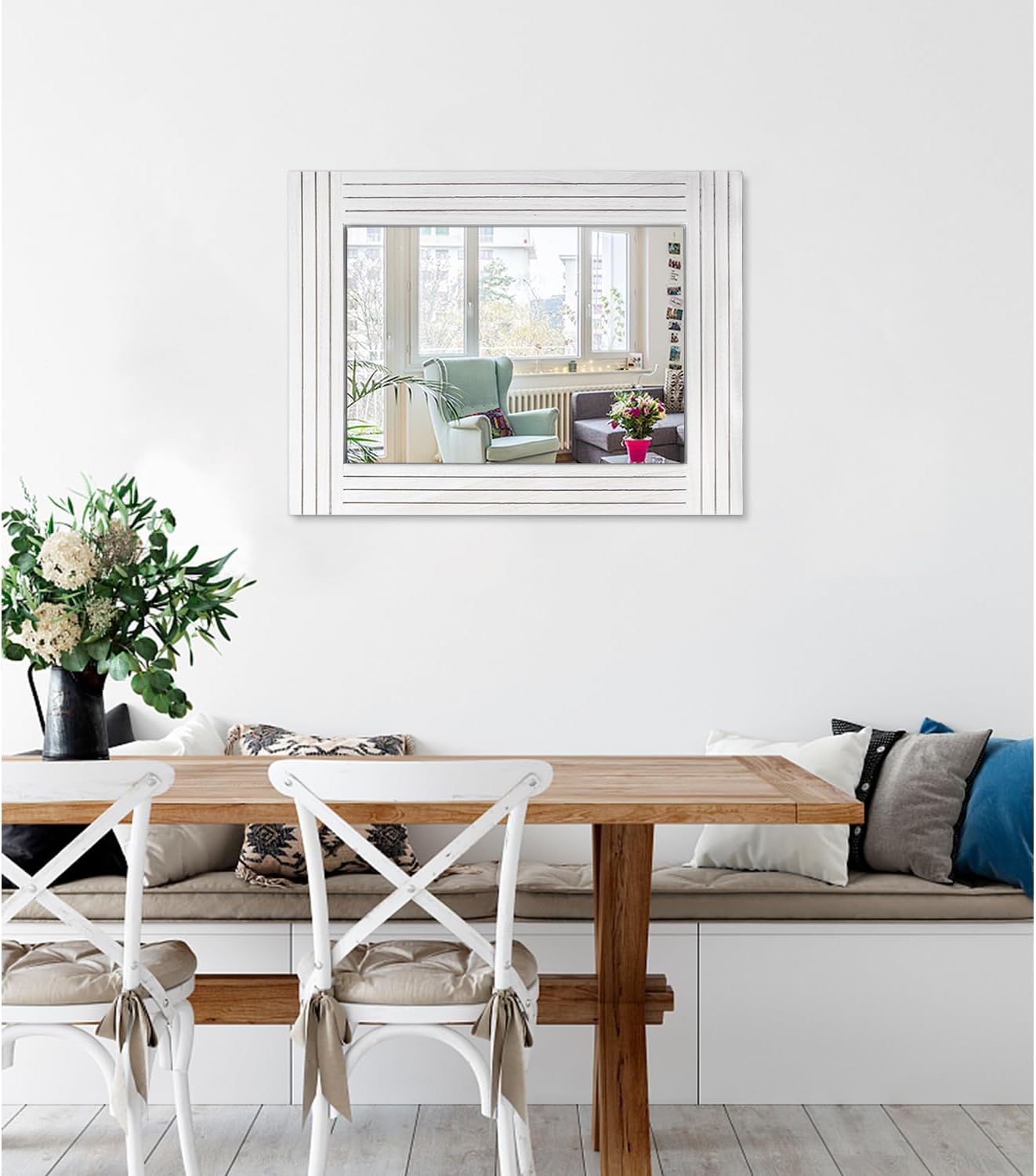 Rustic Mirror for Wall Wooden Frame Rectangular Antique Wall Mirror Decor Farmhouse Bedroom Dresser Bedroom Entryway Mirror Large White 20" x 16"