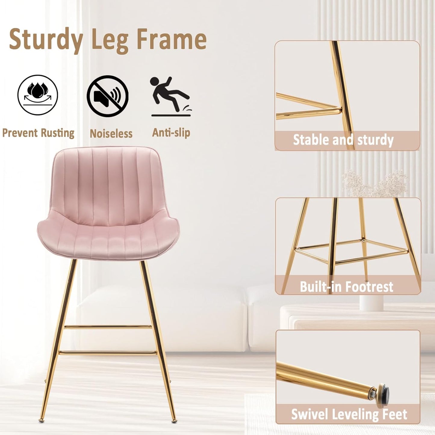 Sidanli Pink Bar Stools Set of 2, Velvet Counter Stools with Footrests, 24” Armless Counter Height Chairs for Bar, Kitchen, Living Room