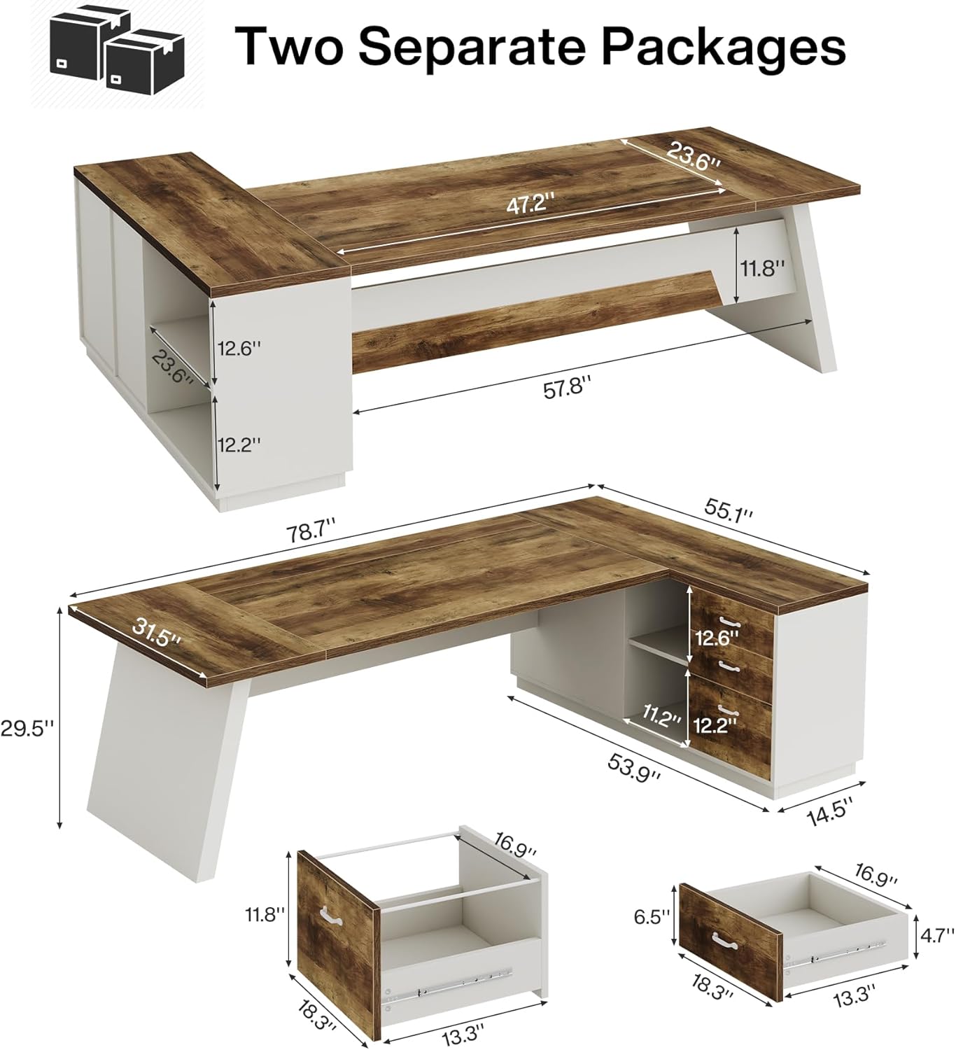 Tribesigns 78" L-Shaped Executive Desk, Large Modern Office Desk with Drawers and Lateral File Cabinet, Business Furniture with Storage Shelves, Big Computer Desk for Home Office (Brown + White)