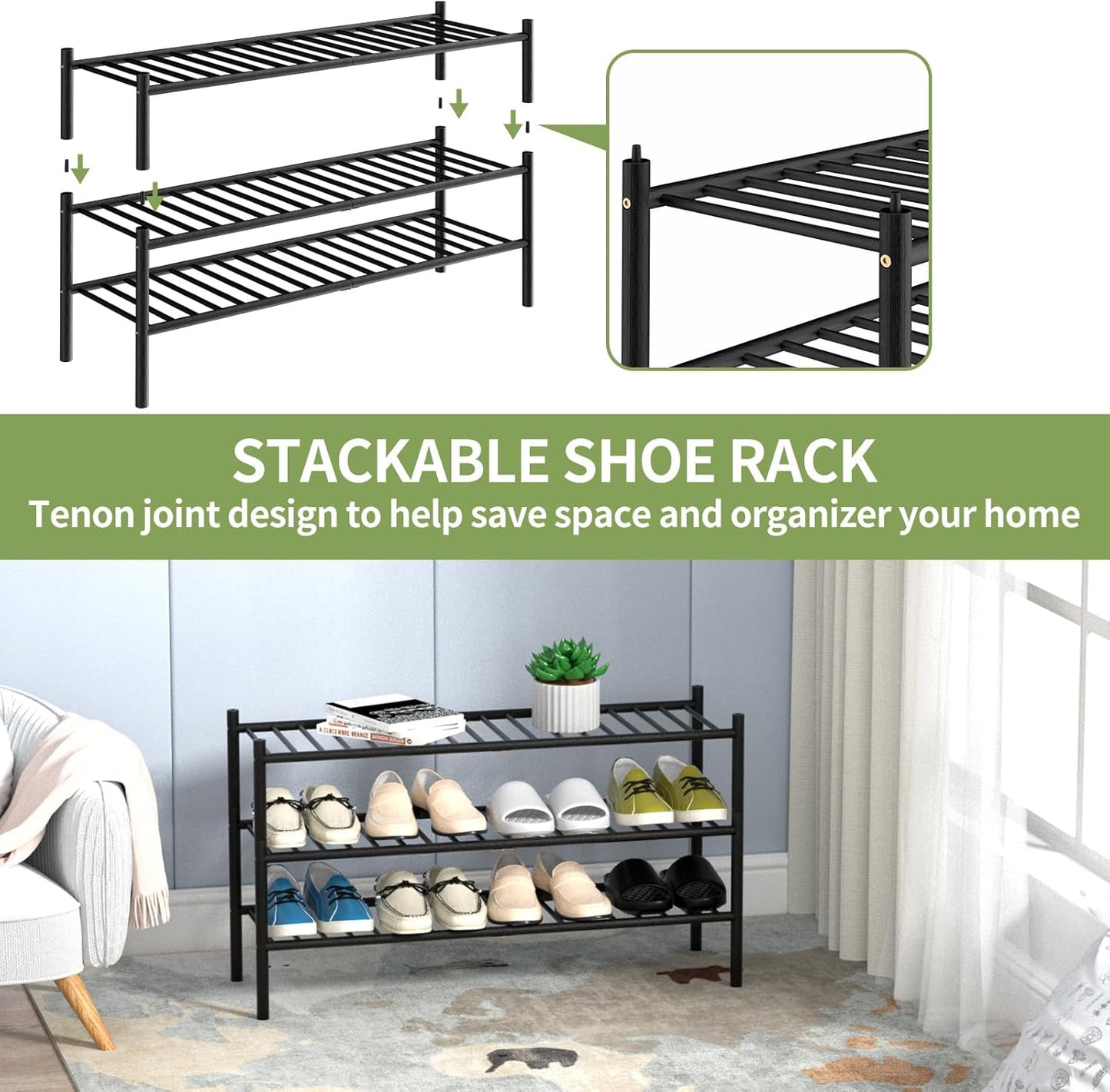 3-Tier Bamboo Long Shoe Rack, Free Standing Wood Shoe Shelf Storage Organizer for Closet Entryway Stackable 35"x11"x20" (Black)