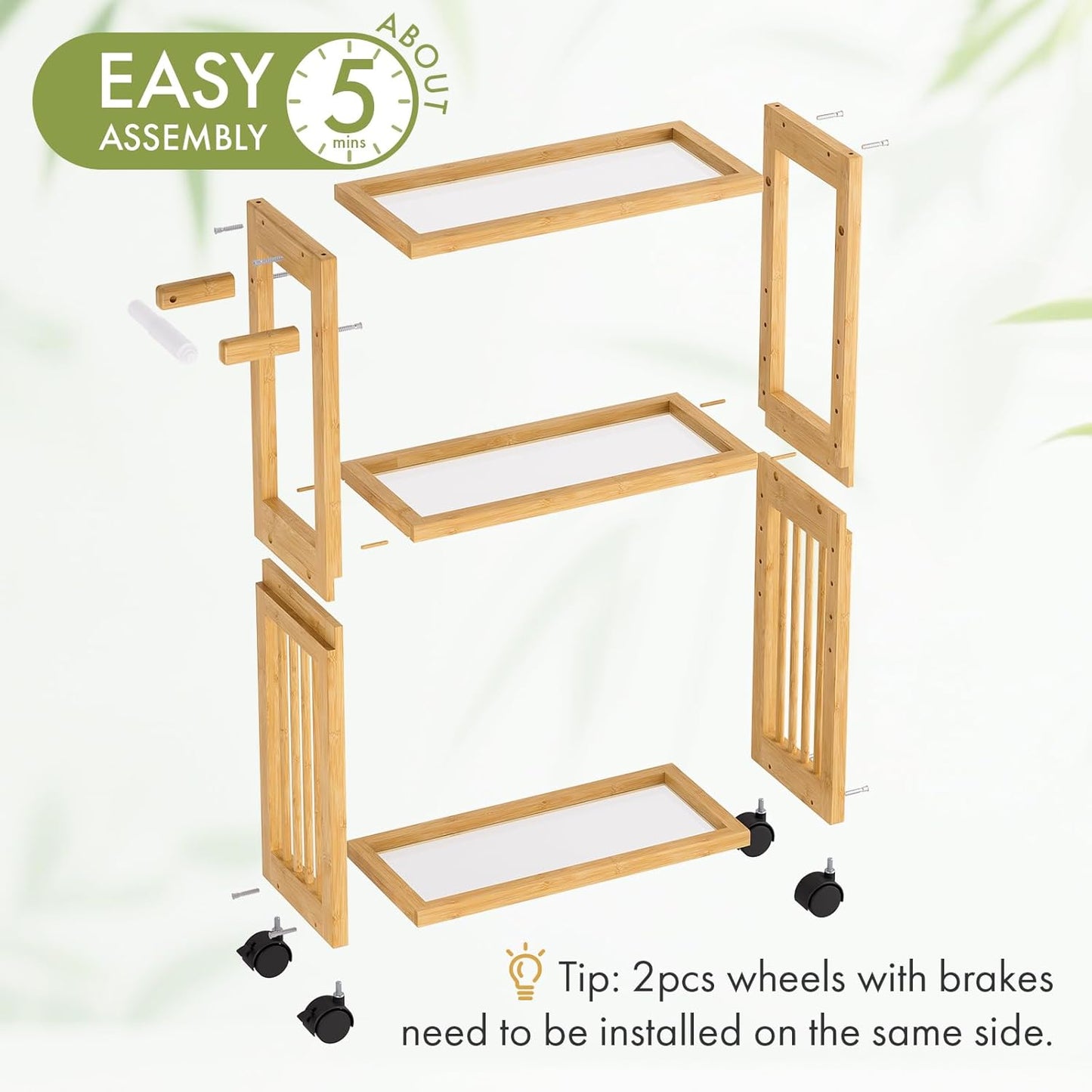 AmazerBath Slim Toilet Paper Holder with Storage Shelf Bamboo - Small Bathroom Storage Cabinet Next to Toilet, Skinny Shelf for Small Spaces, 3 Tier Rolling Stand for Bathroom Kitchen, Natural Color