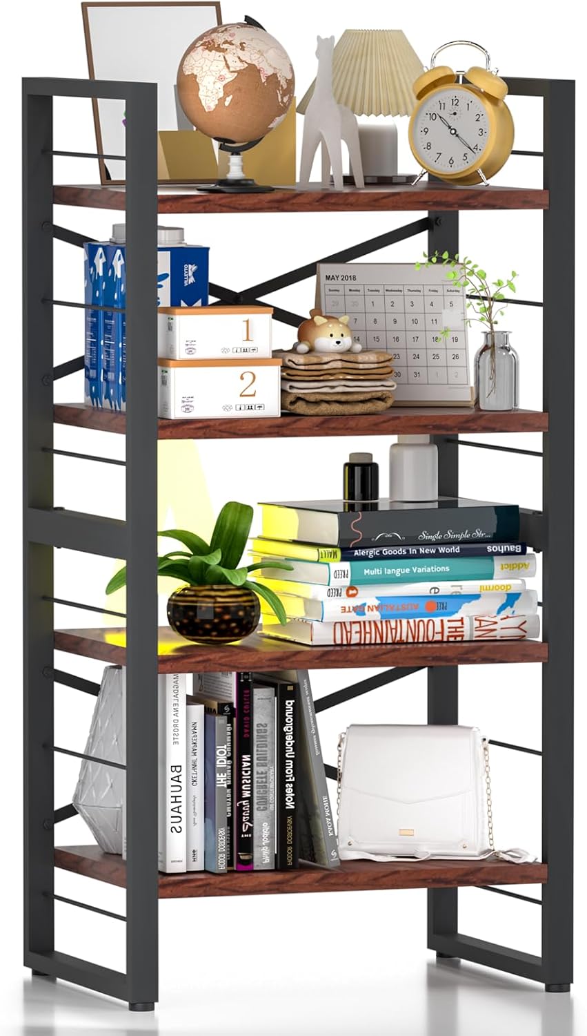4 Shelf Bookshelf,Metal＆Wood Short Book Shelf,Small Bookcase for Small Spaces Bedroom Office Kitchen Living Room (Black,11.2"x 16.4"x 31.9")