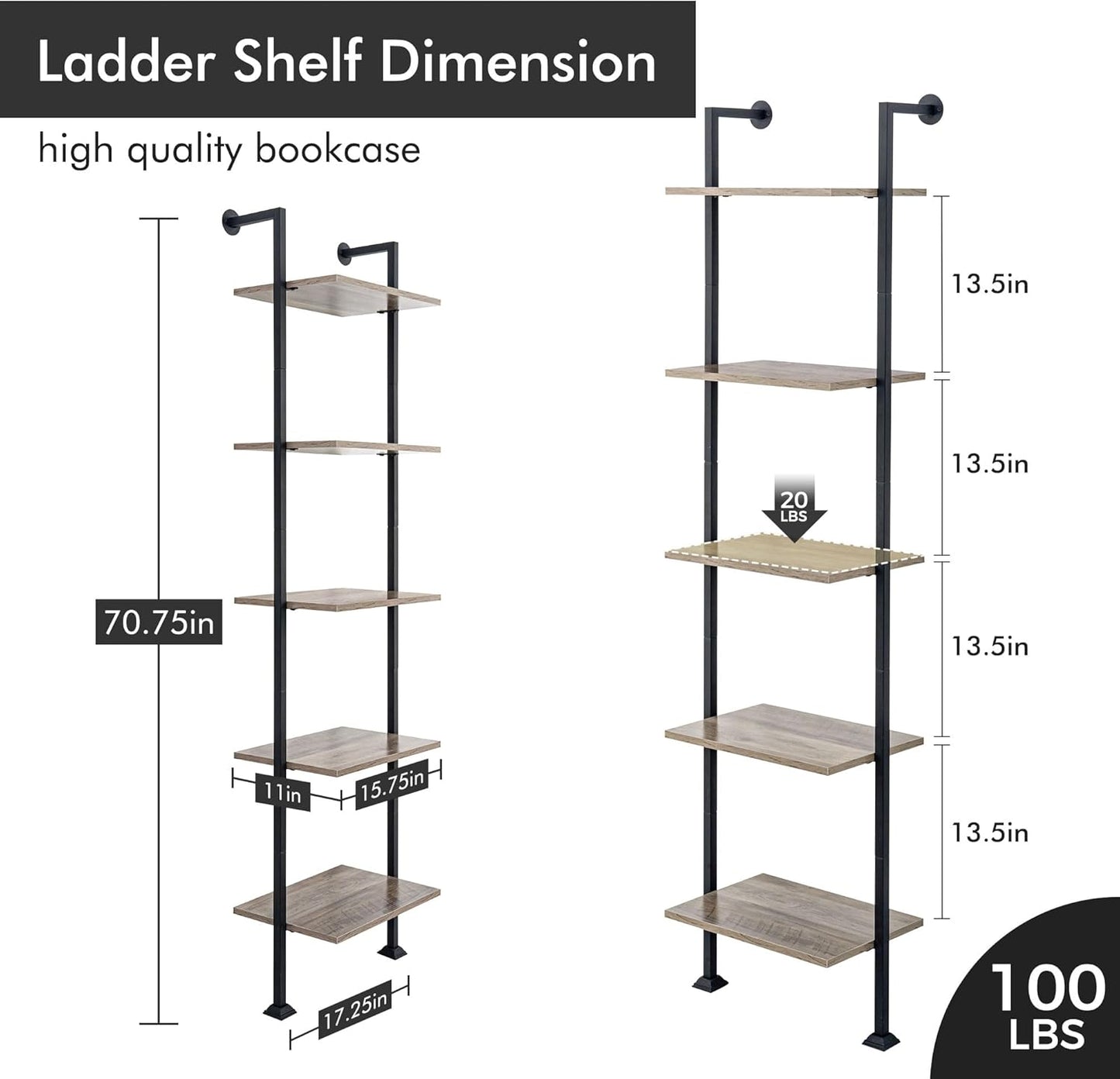 Axeman 5-Tier Ladder Shelf, Tall Narrow Bookcase for Small Spaces, Book Storage Organizer Case Open Shelves for Living Room, Home Office, Study, Industrial Style Black Metal Frame and Gray Shelf