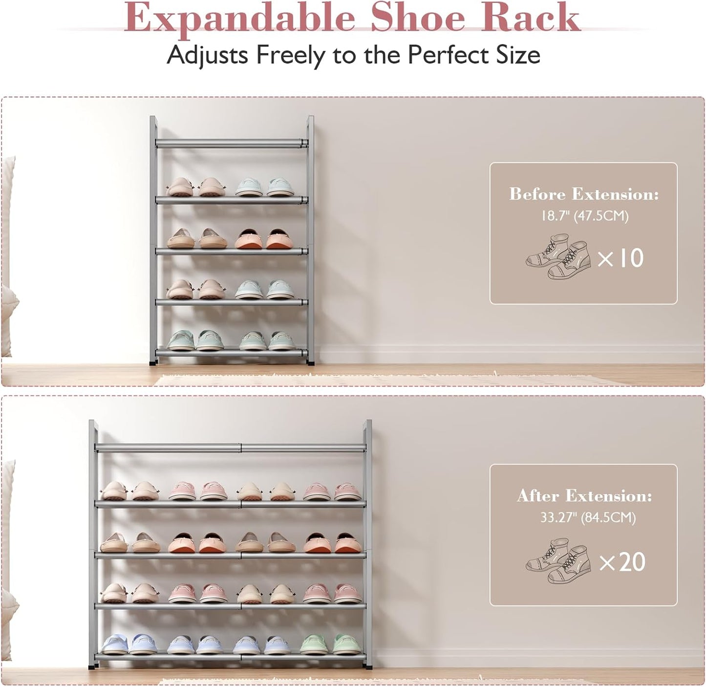 Bumusty 5-Tier Expandable Shoe Rack for Closet, 18“-33” Adjustable Shoe Rack for Small Space, Small Shoe Organizer for Front Door, Sturdy Metal, Light Grey