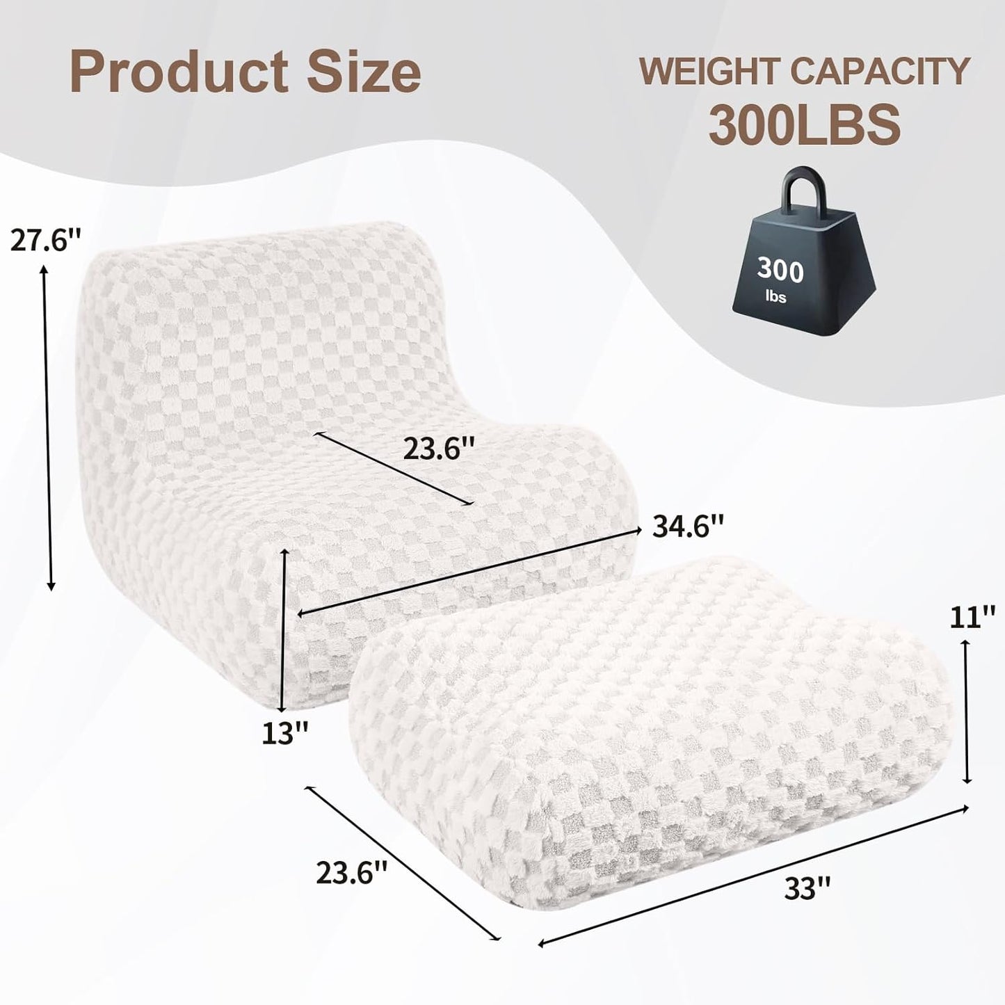 Bean Bag Chair with Footstool, Comfy Reading Sofa Chair for Adults, Modern Floor Sofa for Livingroom, Bedroom, Cream