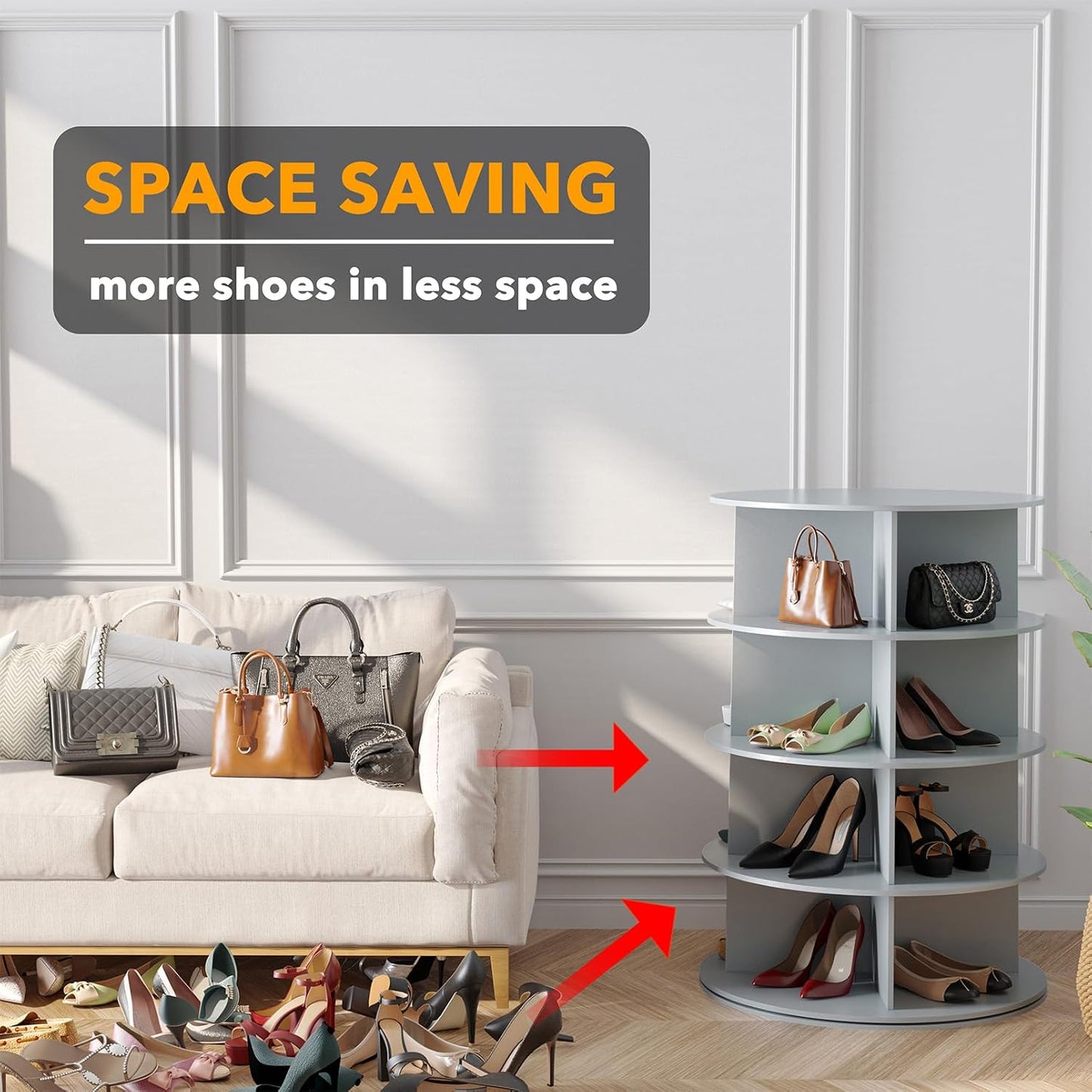 SpaceAid 4 Tier Rotating Shoe Rack Tower, Spinning Shoe Display Lazy Susan, Revolving 360 Shoe Rack Storage Round Carousel, Vertical Handbag Rotate Shoes Closet Organization (4-Tier Gray)
