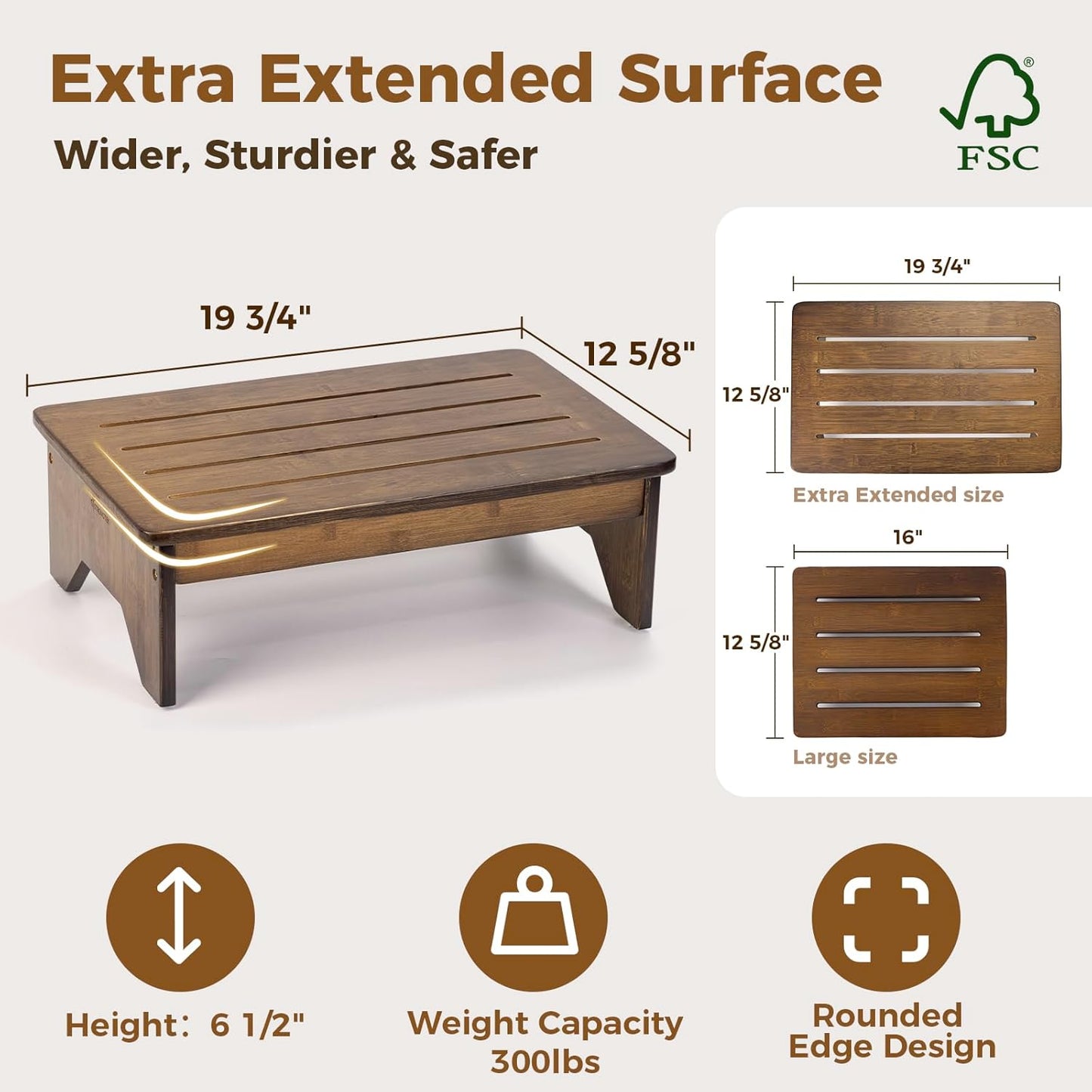 StrongTek Bamboo Step Stool, Wooden Step with Non-Slip Bottom for Safety, Lightweight and Sturdy Footstool for Kitchen, Bedroom, Living Room, Perfect for Adults, Kids, Seniors, and Toddlers (Extended)