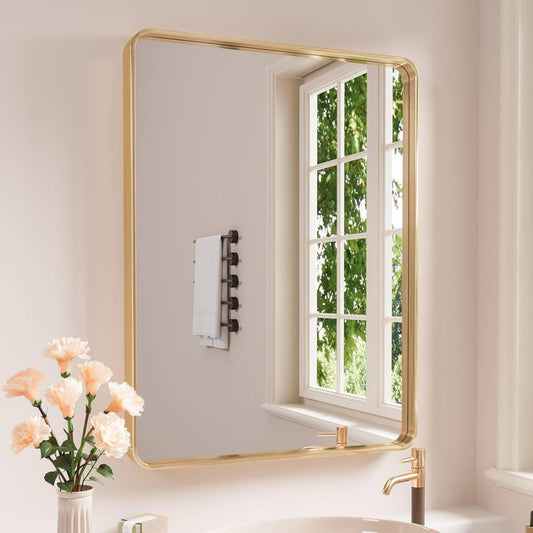 Gold Bathroom Mirror, 20x30 Inch Brushed Gold Metal Frame Mirror for Wall, Rounded Rectangle Bathroom Vanity Mirror, Tempered Glass, Anti-Rust, Horizontal/Vertical