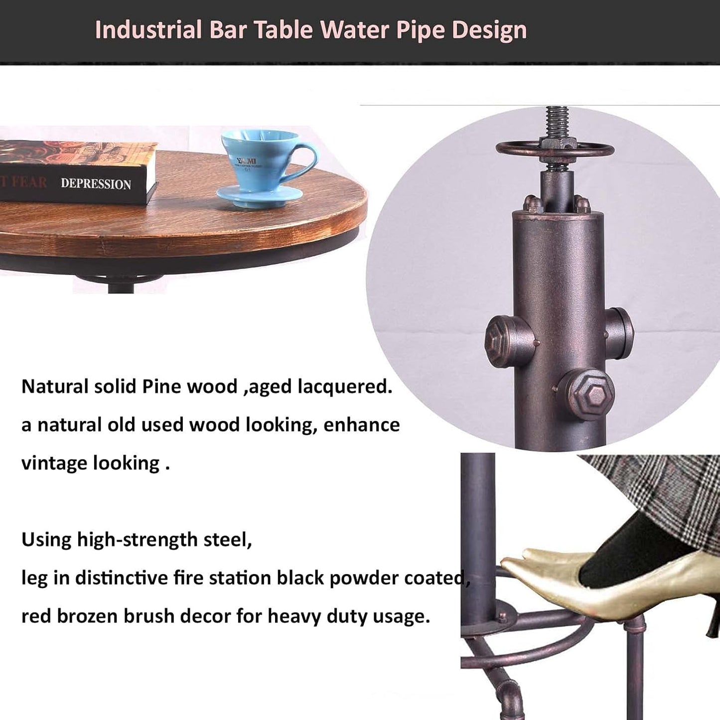 Topower Industrial Bar Table 31.5-41.3" Adjustable Pub Table Kitchen Dining Coffee Bistro Table (Bronze)