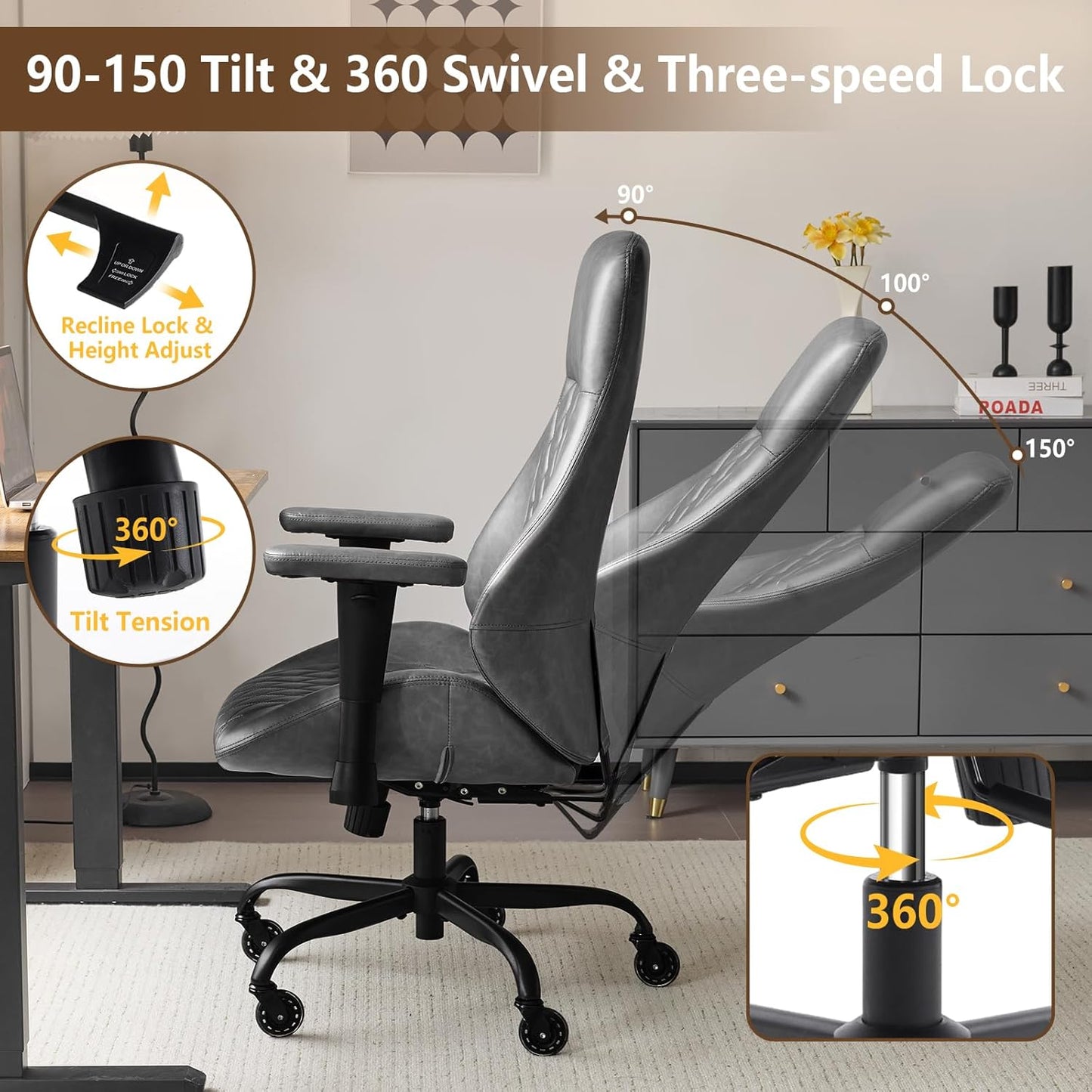 YFO Home Office Desk Chair High Back Office Rubber Chair Casters Ergonomic Computer Chair with Lumbar Support Adjustable Height Rolling Swivel Chair Executive Task Armrests, Grey Leather
