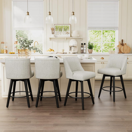Vipbear Swivel Counter Height Bar Stools Set of 4,26.8" H Counter Stools with Back, Mid Century Modern Bar Stools for Kitchen Island,Linen Fabric,Wooden Base, White