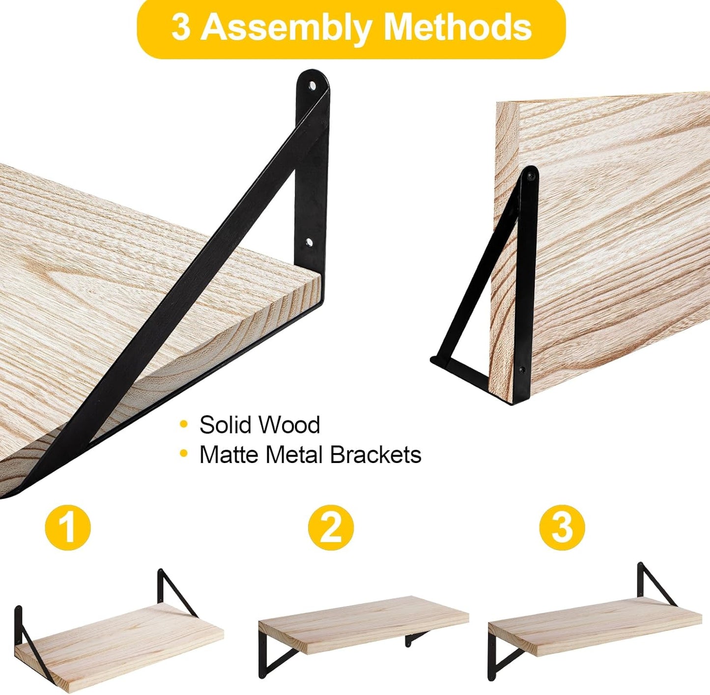 SAUMONIER Floating Shelves Bookshelf for Bedroom Bathroom Living Room Wood Wall Mounted Wide Deep Storage, Rustic Torched 24 Inch Shelves Set of 2