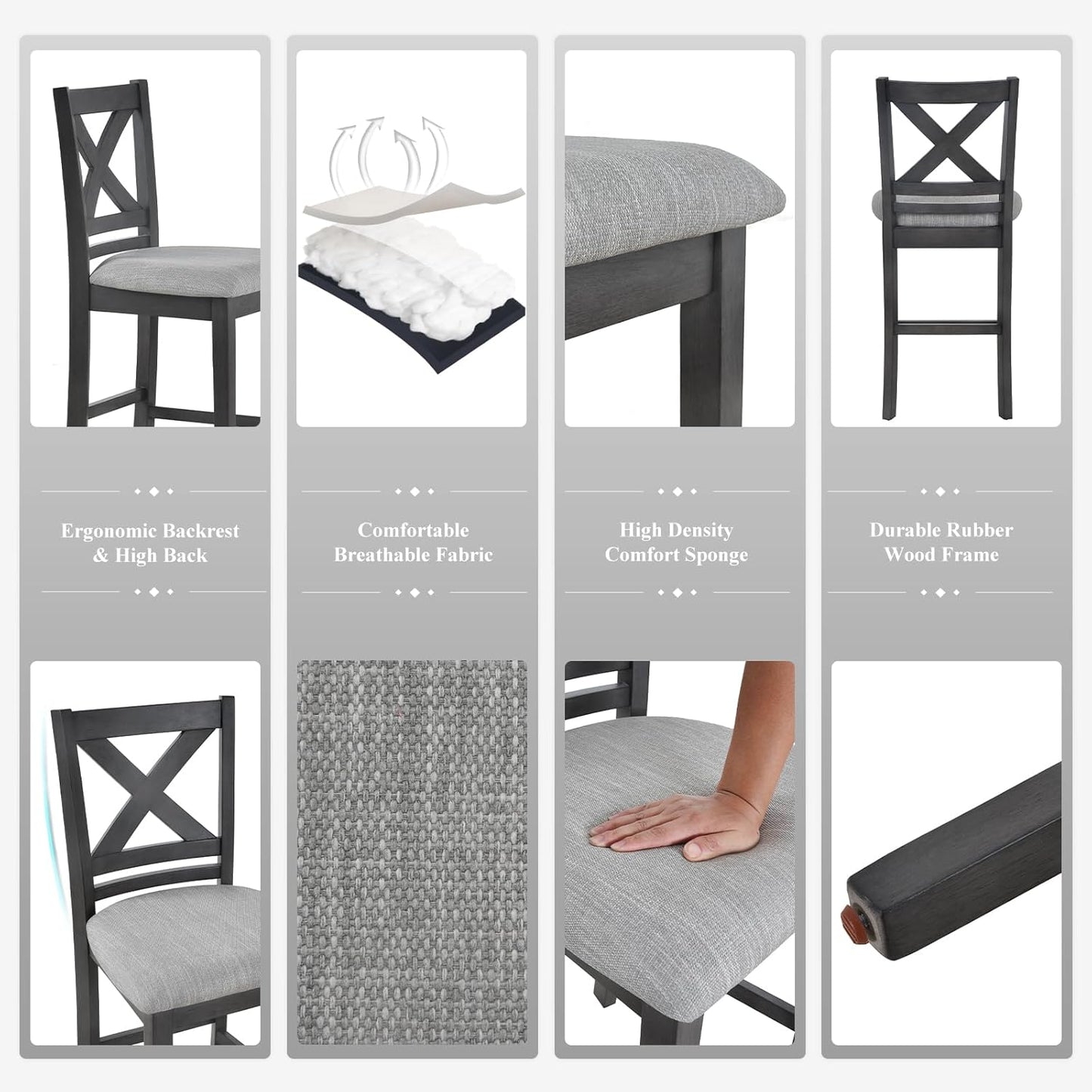 COLAMY Wooden Bar Stools Set of 4, Counter Height Bar Stools, Mid Century Modern Bar Stools with Backs, 25 Inch Upholstered Fabric Wooden Barstools for Kitchen Island Dining Room Bar, Dark Grey