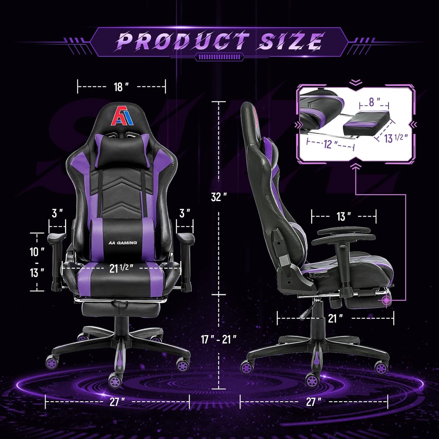 AA Products High Back Ergonomic Gaming Chair with Footrest, Lumbar Support, Swivel, Adjustable for Gamers - Black/Purple