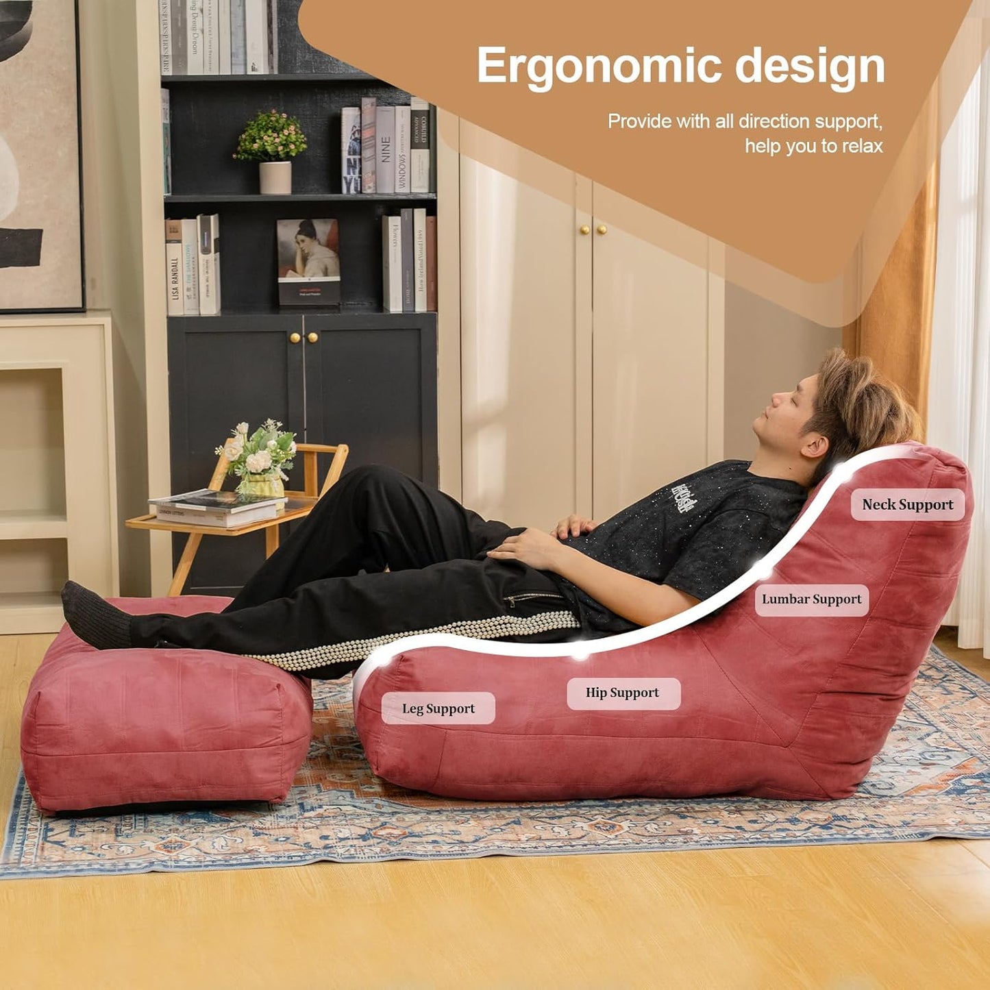 Bean Bag Chair with Ottoman, Comfy Bean Bag Sofa with Memory Foam, Lazy BeanBag Sofa with Footstool, Fireside Bean Bag Couch for Living Room, Bedroom, Apartment