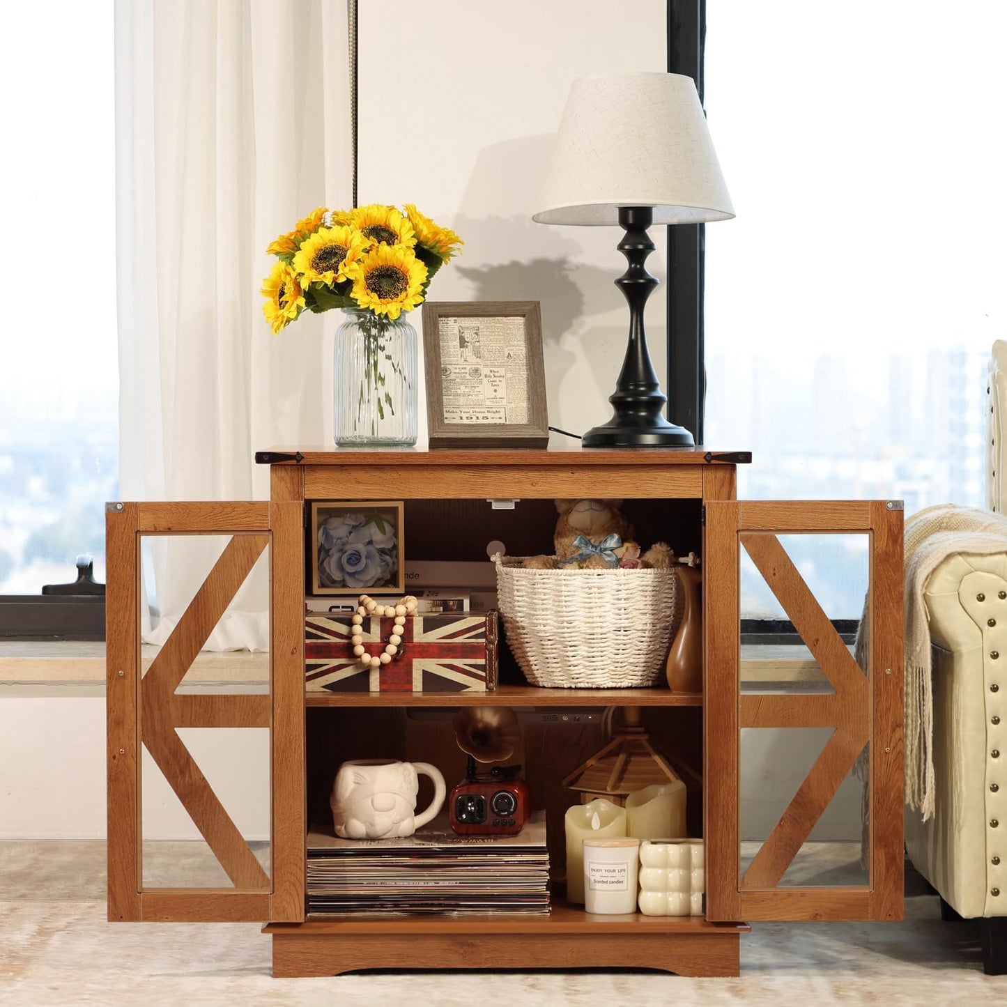 Farmhouse End Table, 24" Large End Tables with Storage, Rustic Square Sofa Beside Table with Glass Barn Door, Wood Side Table Square Nightstand for Living Room, Bedroom, Office (Vintage Brown)