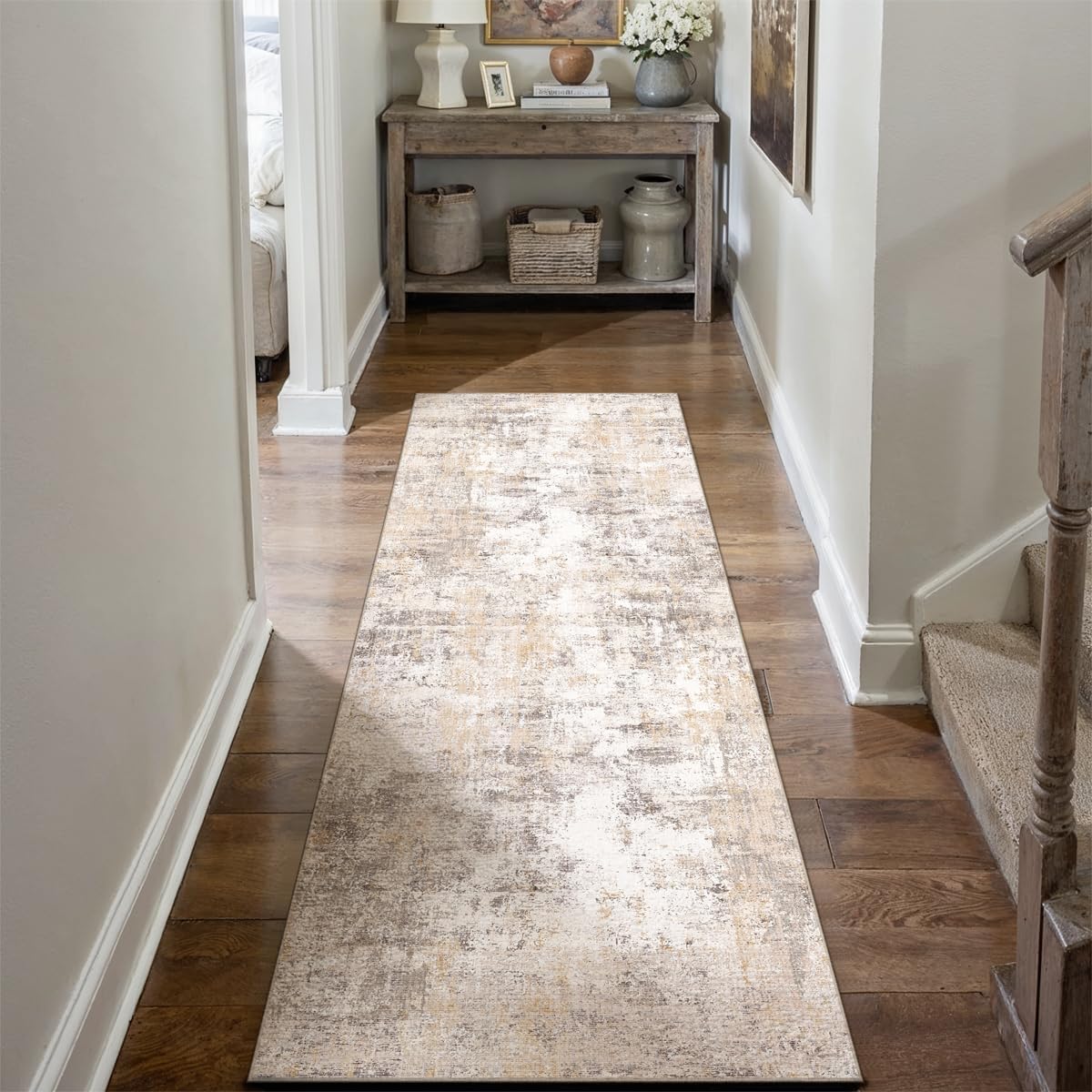 2x6 Washable Runner Rug Beige Grey Neutral Abstract Hallway Kitchen Living Room Bedroom Non Slip Throw Rug Soft Low Pile Indoor Carpet for Entrance Laundry Bathroom