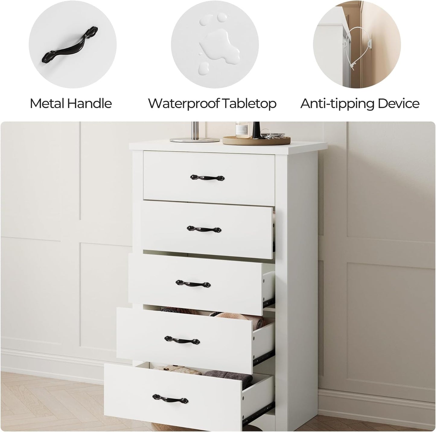 LINSY HOME White 5-Drawer Dresser - Modern Bedroom Chest with Wide Drawers, Wood Storage Organizer for Bedroom or Living Room