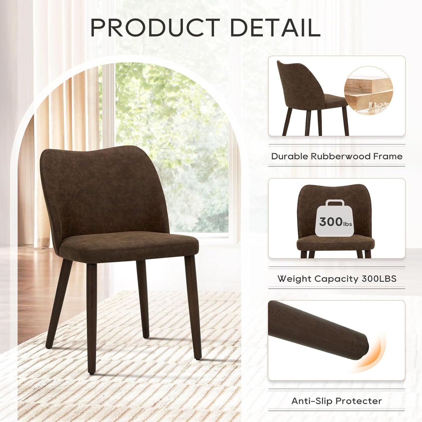 COLAMY Upholstered Dining Chairs Set of 6, Modern PU Leather Dining Room Kitchen Side Chair with Padded Seat and Wood Legs Restaurant/Cafe, Dark Brown