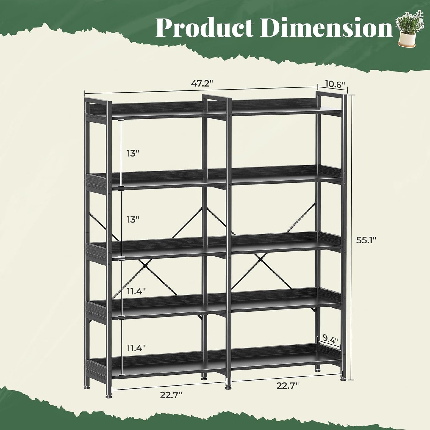 Huuger 5 Tier Bookshelf, Display Bookshelf with 10 Open Shelves and Raised Baffle, 47.2 Inch Straight Wide Bookcase with Metal Frame and Wooden Board, Adjustable Feet, Black