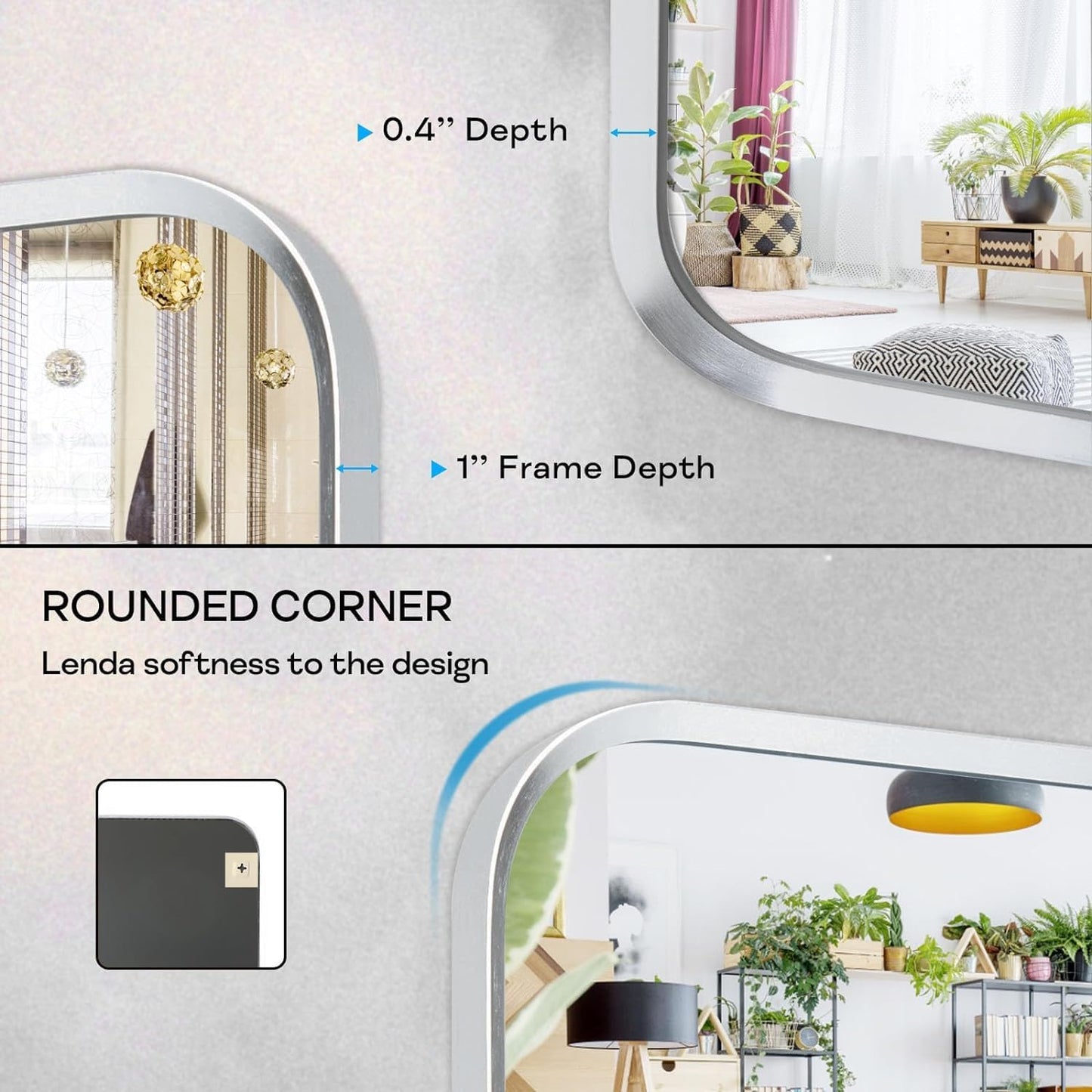 Brushed Nickel Bathroom Wall Mirror, Silver Metal Framed Large Rounded Corner Rectangle Mirror, Tempered Glass, Shatter Proof, Hangs Horizontally or Vertically (28" x 60", Silver)