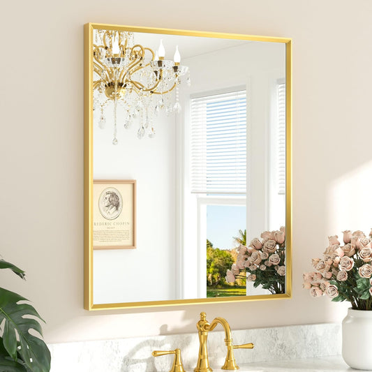 TETOTE Brushed Gold Mirror for Bathroom Sink 30" x 36" Beveled Frame Brushed Gold Brass Vanity Rectangle Mirror for Bathroom Wall, Modern Farmhouse, Tempered Glass, Stronger Frame
