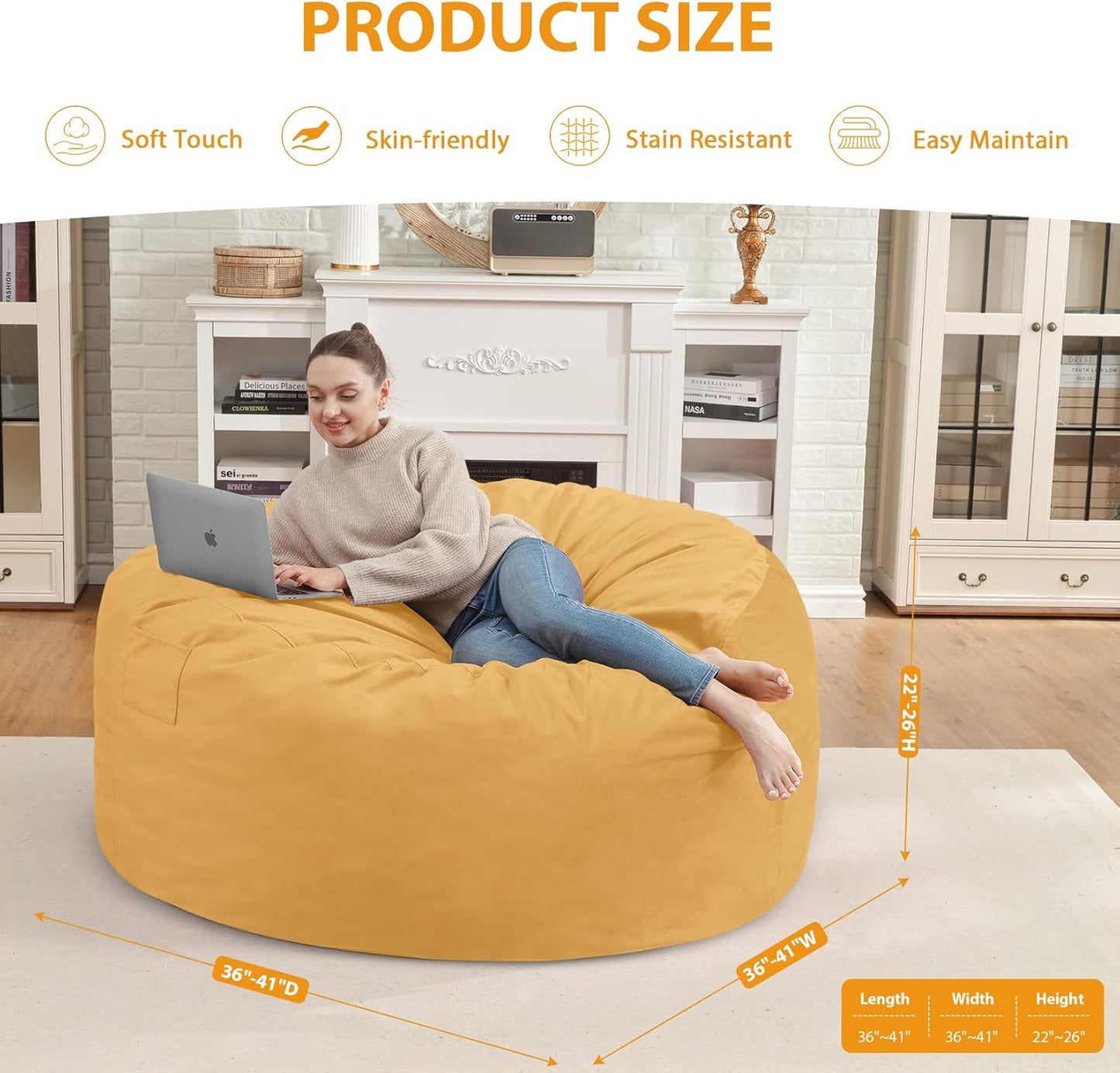 3FT Bean Bag Chair, Comfy Bean Bag Chairs with Memory Foam Filled, Fluffy Beanbag Sofa with Dutch Velvet Cover, Round BeanBag Chairs for Living Room, Playroom - Mustard