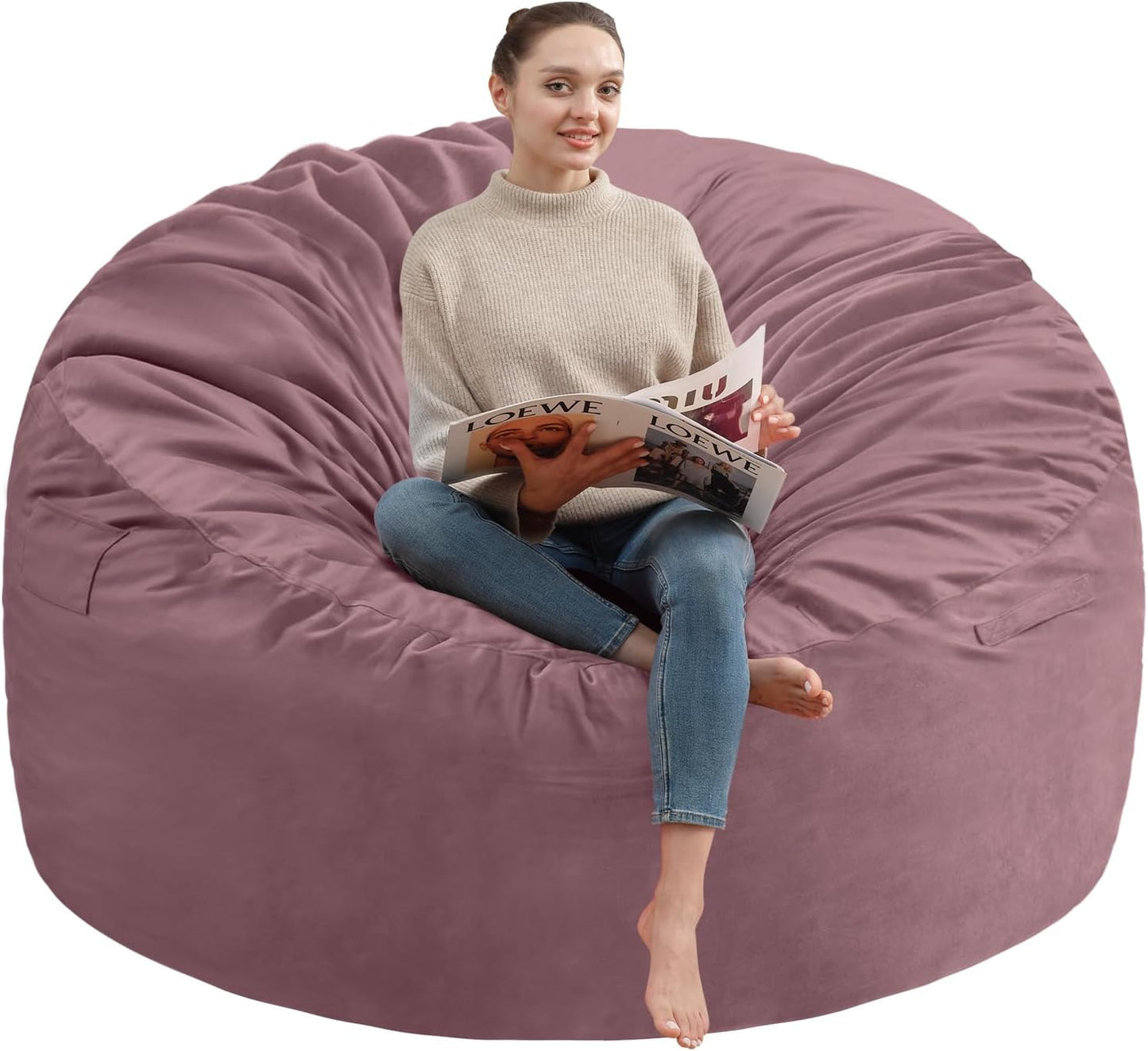 5FT Bean Bag Chair, Large Bean Bag Chairs with Memory Foam Filled, Fluffy Beanbag Sofa with Dutch Velvet Cover, Round BeanBag Chairs for Living Room, Playroom - Dusty Pink