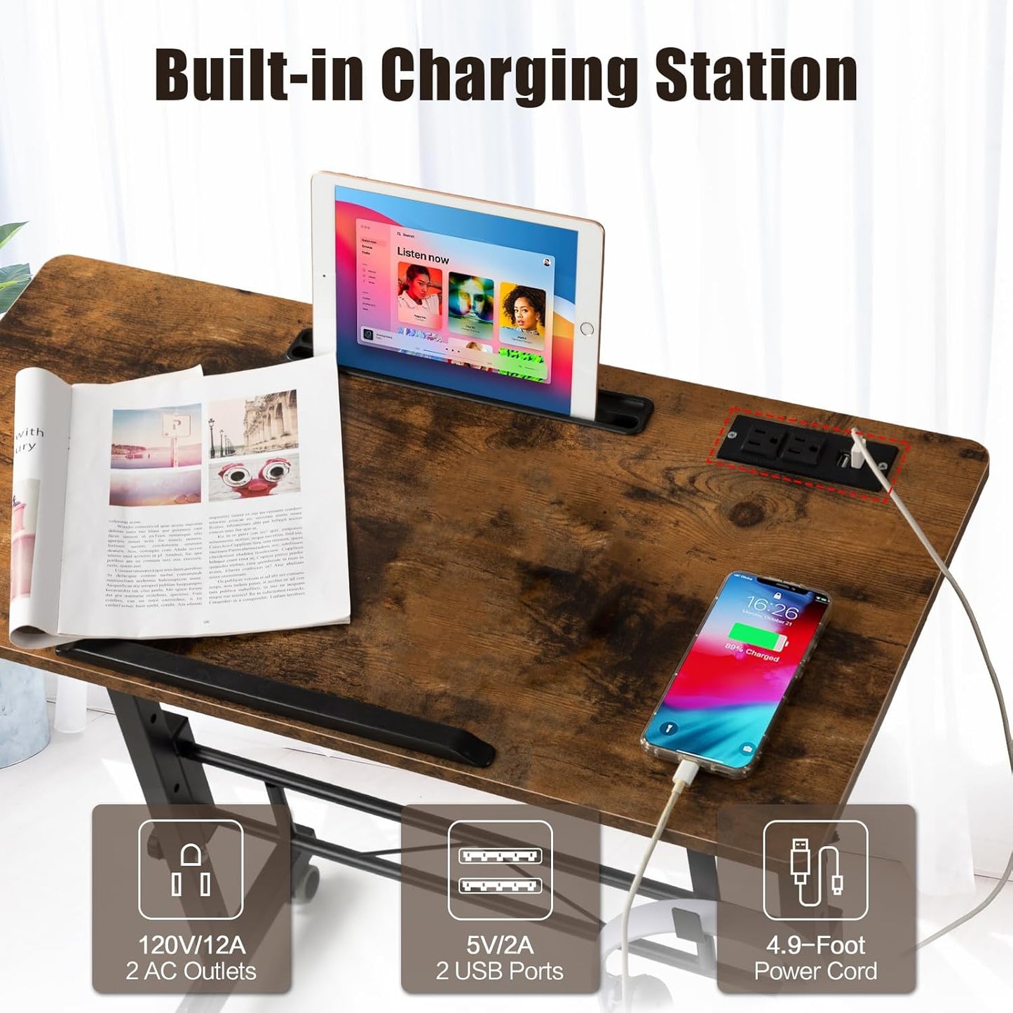 SIDUCAL Standing Desk Height Adjustable with Tiltable Tabletop, Rolling Laptop Desk with Charging Station, Sit Stand Portable Stand Up Desk with Wheels, Rustic Brown