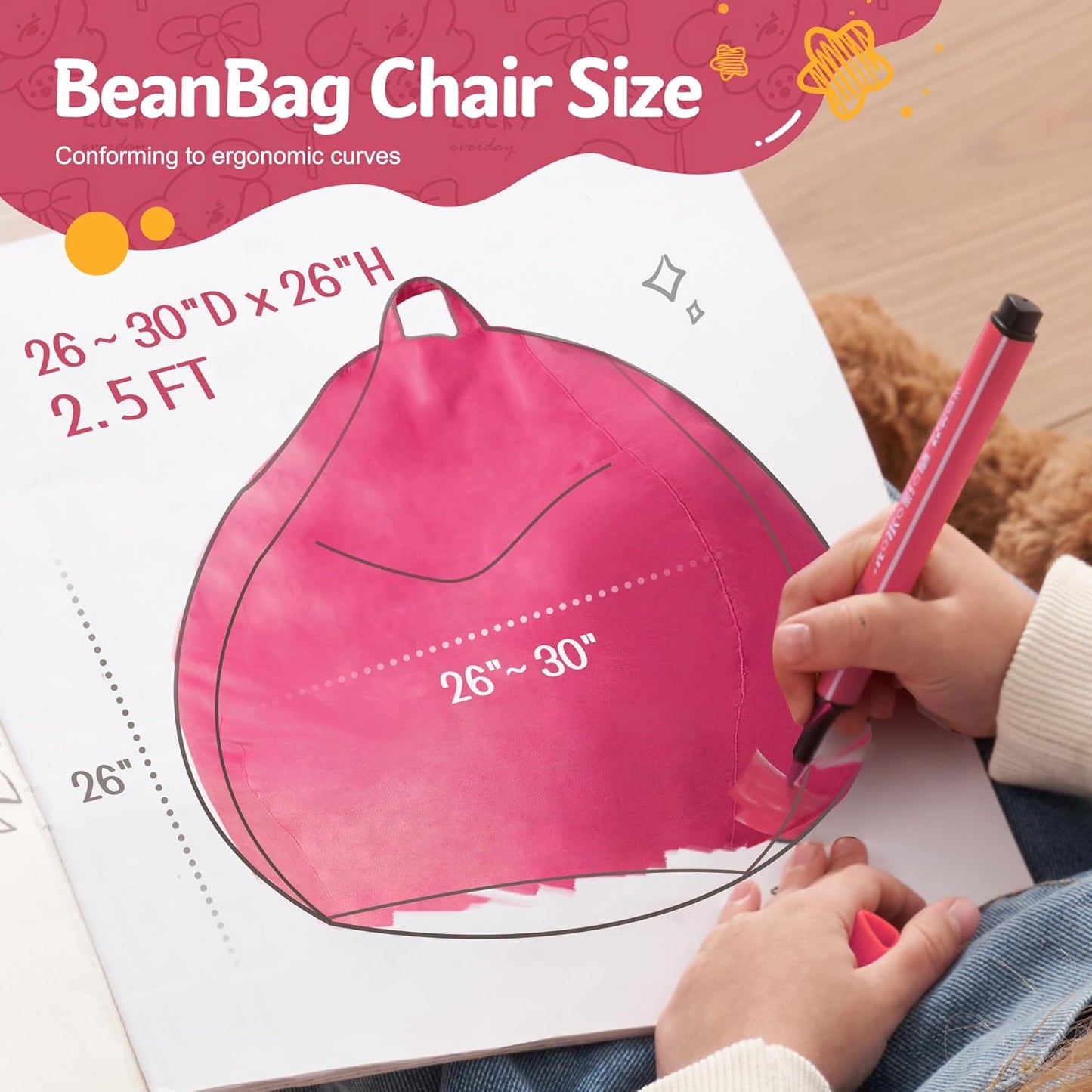 Homguava 2FT Bean Bag Chair: 2' Bean Bags with Memory Foam Filled,Comfy Beanbag Chairs Round Bean Bag Sofa with Dutch Velvet Cover-Pink