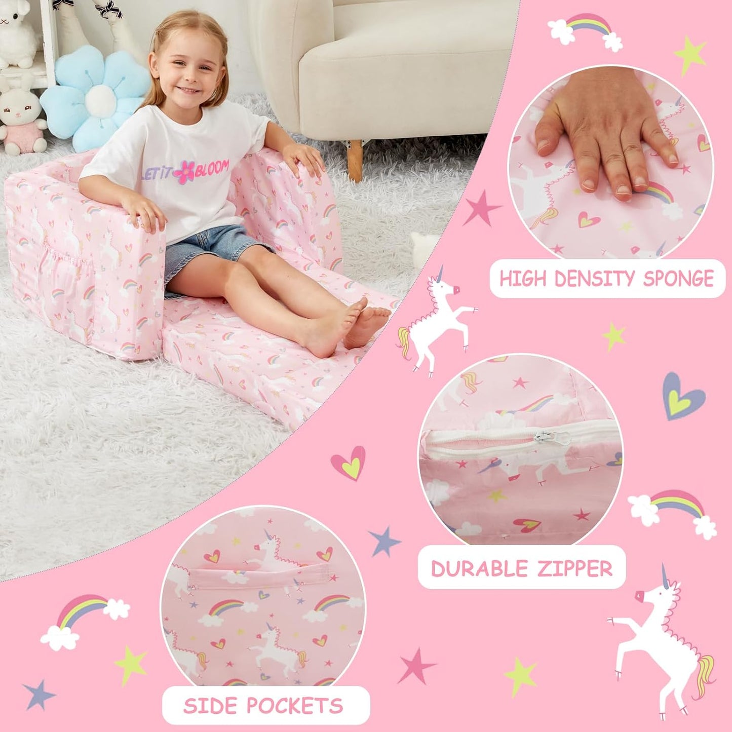 Viviland Kids Chairs for Toddler,2-in-1 Soft Toddler Couch Fold Out,Convertible Soft to Lounger Toddke Chair Comfy for Girls and Boys,Pink Unicorn