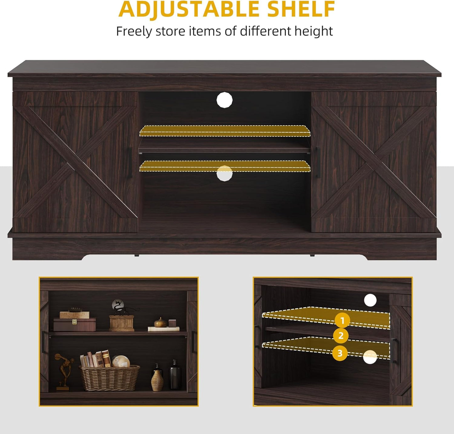 DWVO Farmhouse TV Stands for Living Room, Entertainment Center with Storage, TV Stand for 65 Inch TV with Double Barn Doors & Storage Cabinets, Rustic TV Cabinet Media Console, Espresso