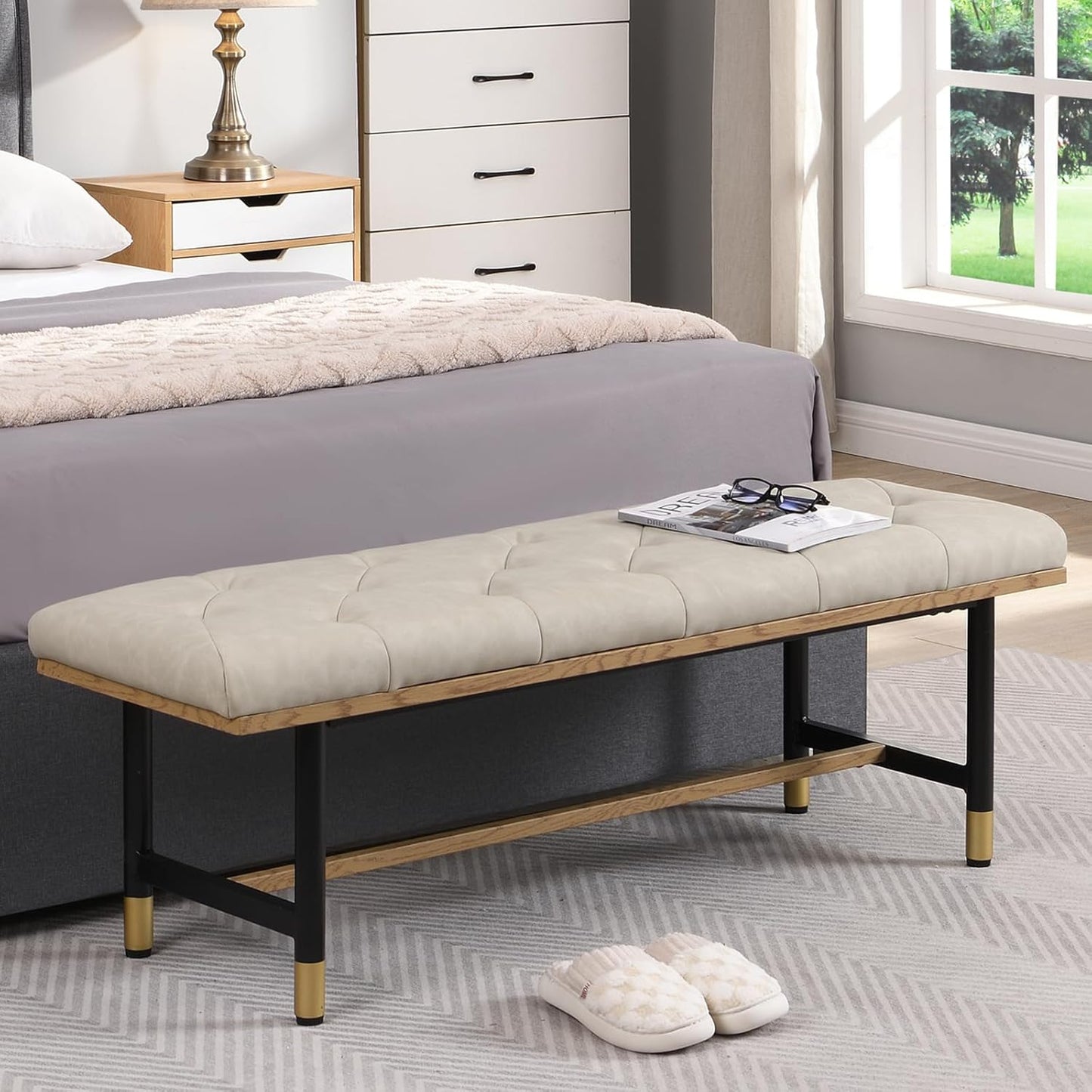 Shoe Bench Entryway, End of Bed Bench, Bench for Bedroom End of Bed, Modern Faux Leather Bench for Living Room, Entryway Bench Seat, Padded Bench with Solid Metal Shelf Gold, Beige