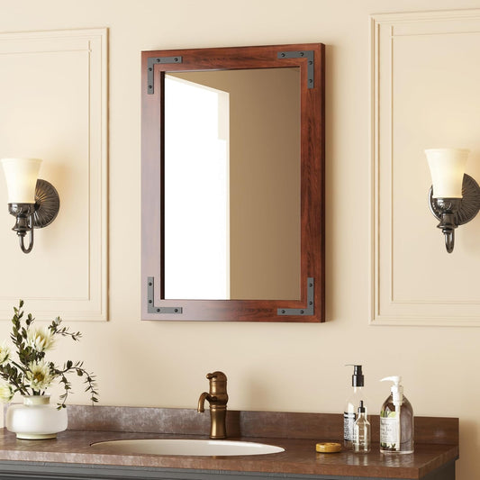 VocalStar Rustic Wood Framed Mirror 18 x 26 Inch, Natural Dark Brown Wooden Rectangle Bathroom Vanity Wall Mirror for Farmhouse Boho Decor, 1/4-inch Shatterproof Glass | Waterproof